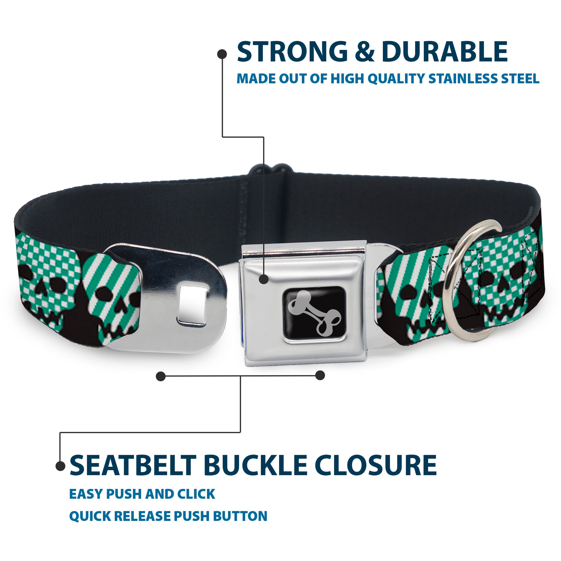 Dog Bone Seatbelt Buckle Collar - Checker & Stripe Skulls Black/White/Green Seatbelt Buckle Collars Buckle-Down