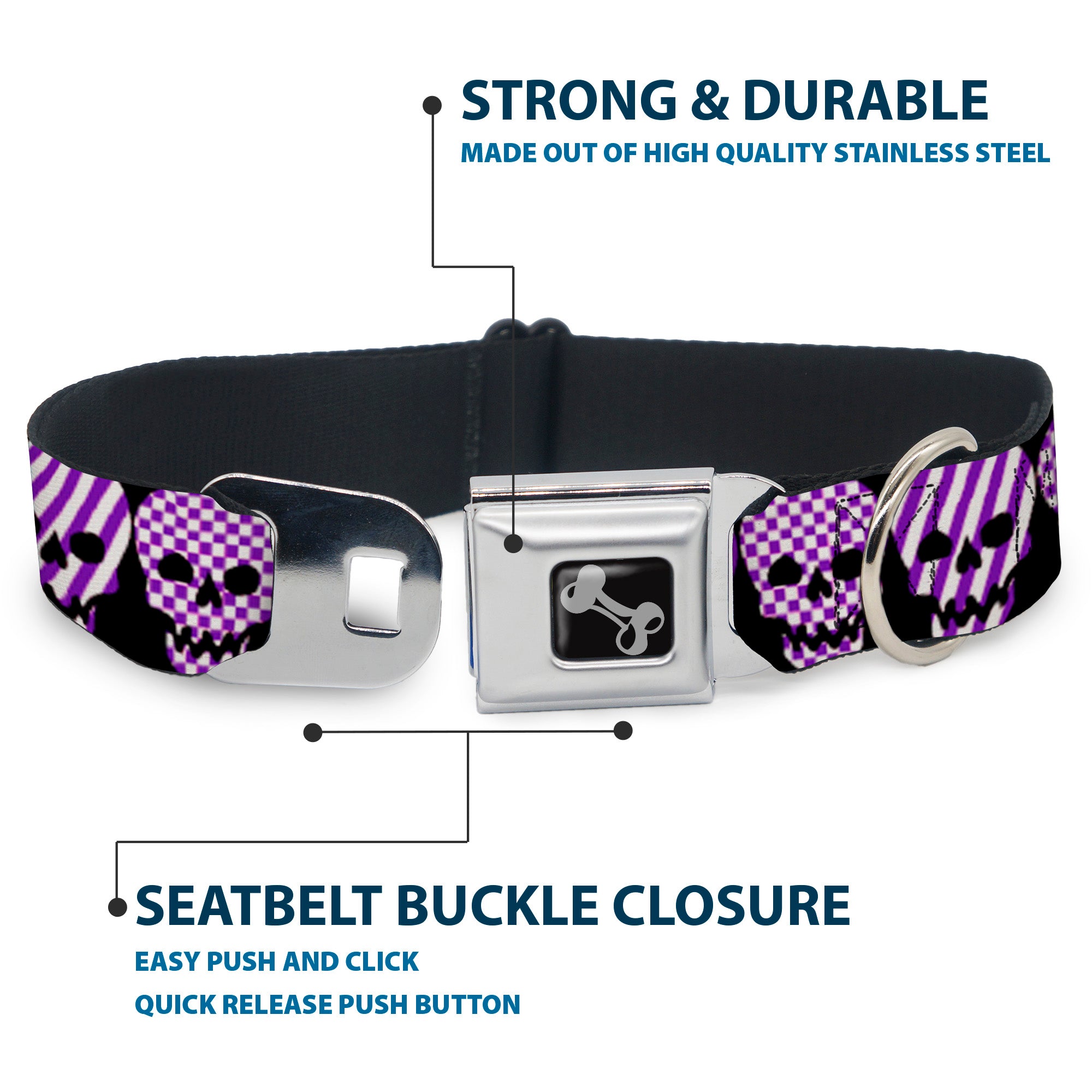 Dog Bone Seatbelt Buckle Collar - Checker & Stripe Skulls Black/White/Purple Seatbelt Buckle Collars Buckle-Down