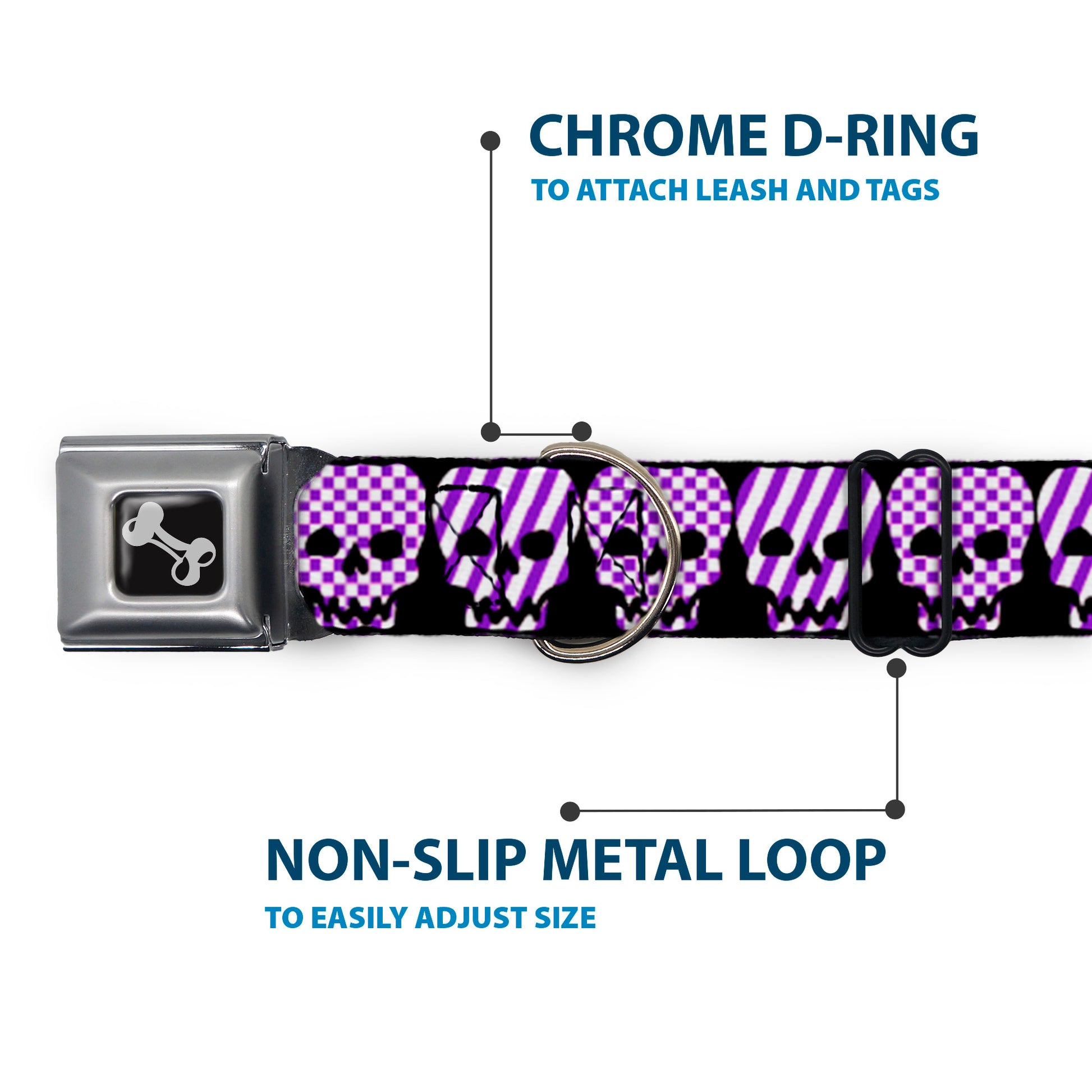 Dog Bone Seatbelt Buckle Collar - Checker & Stripe Skulls Black/White/Purple Seatbelt Buckle Collars Buckle-Down