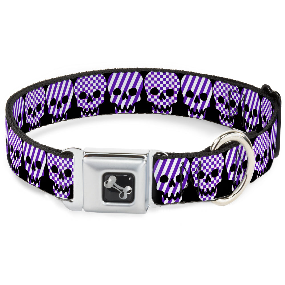 Dog Bone Seatbelt Buckle Collar - Checker & Stripe Skulls Black/White/Purple Seatbelt Buckle Collars Buckle-Down