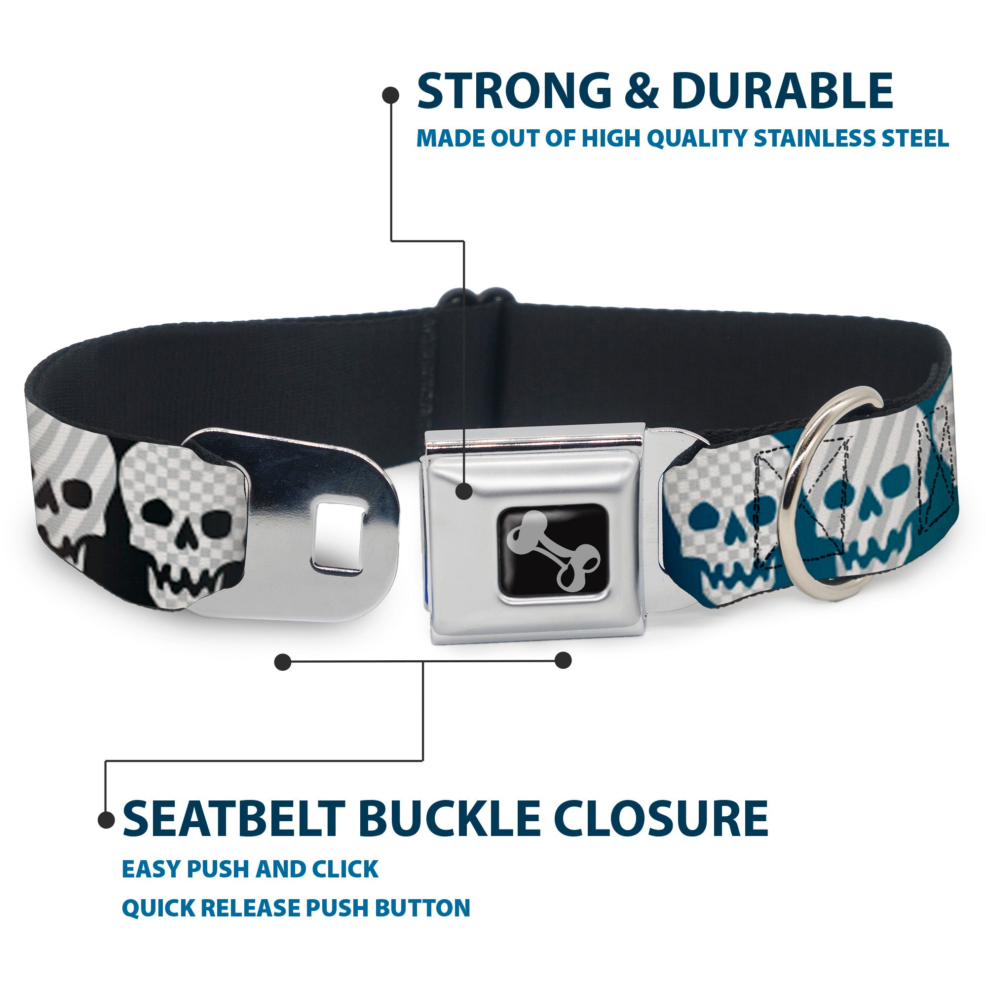 Dog Bone Seatbelt Buckle Collar - Checker & Stripe Skulls Gradient Blue/Fuchsia Seatbelt Buckle Collars Buckle-Down