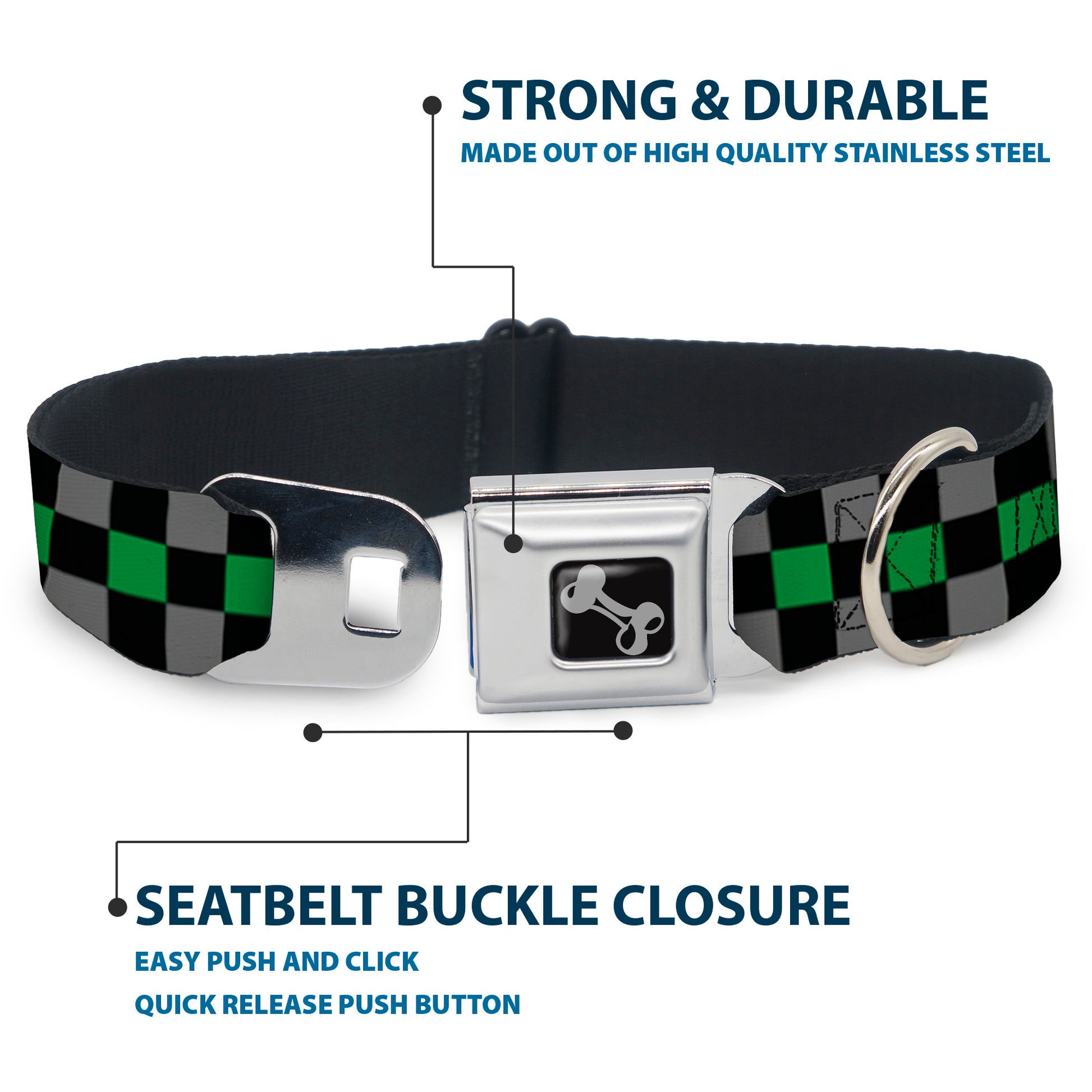 Dog Bone Seatbelt Buckle Collar - Checker Black/Gray/1 Green Seatbelt Buckle Collars Buckle-Down