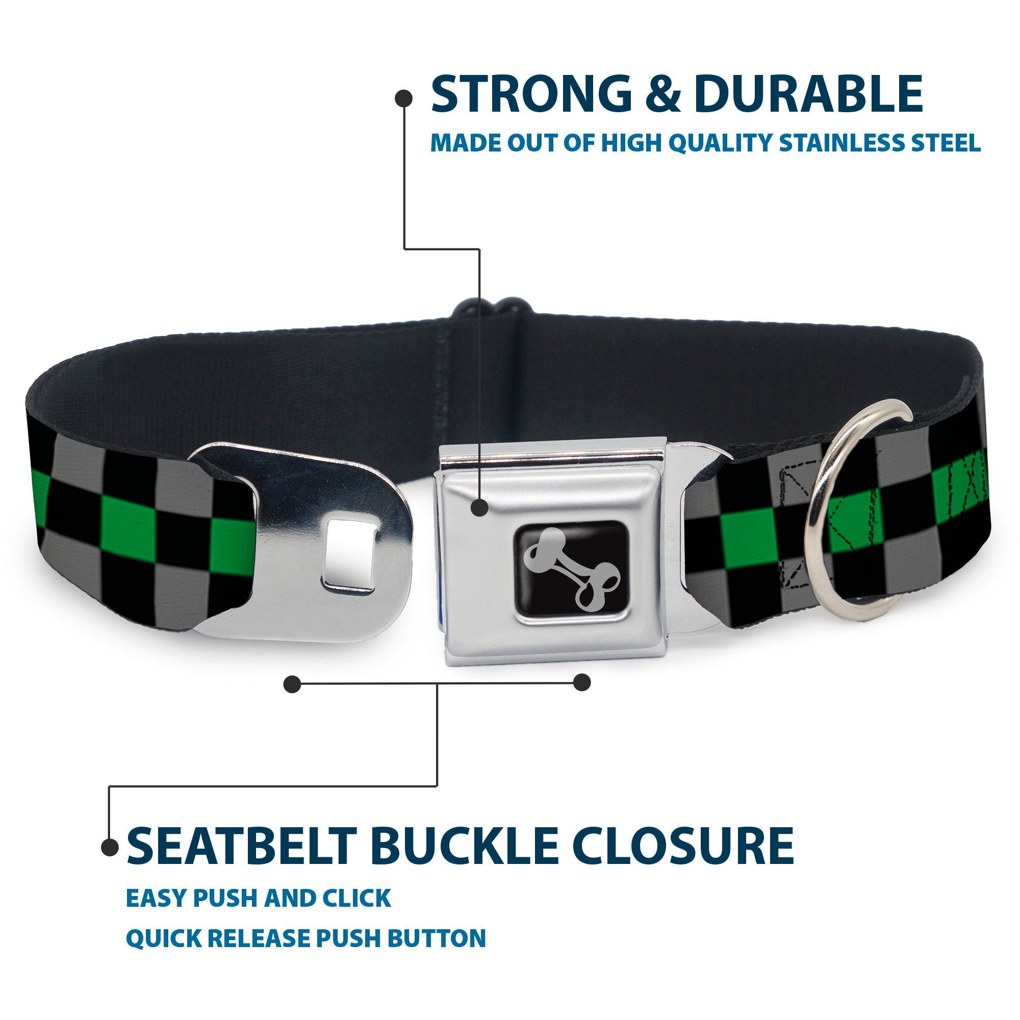 Dog Bone Seatbelt Buckle Collar - Checker Black/Gray/1 Green Seatbelt Buckle Collars Buckle-Down