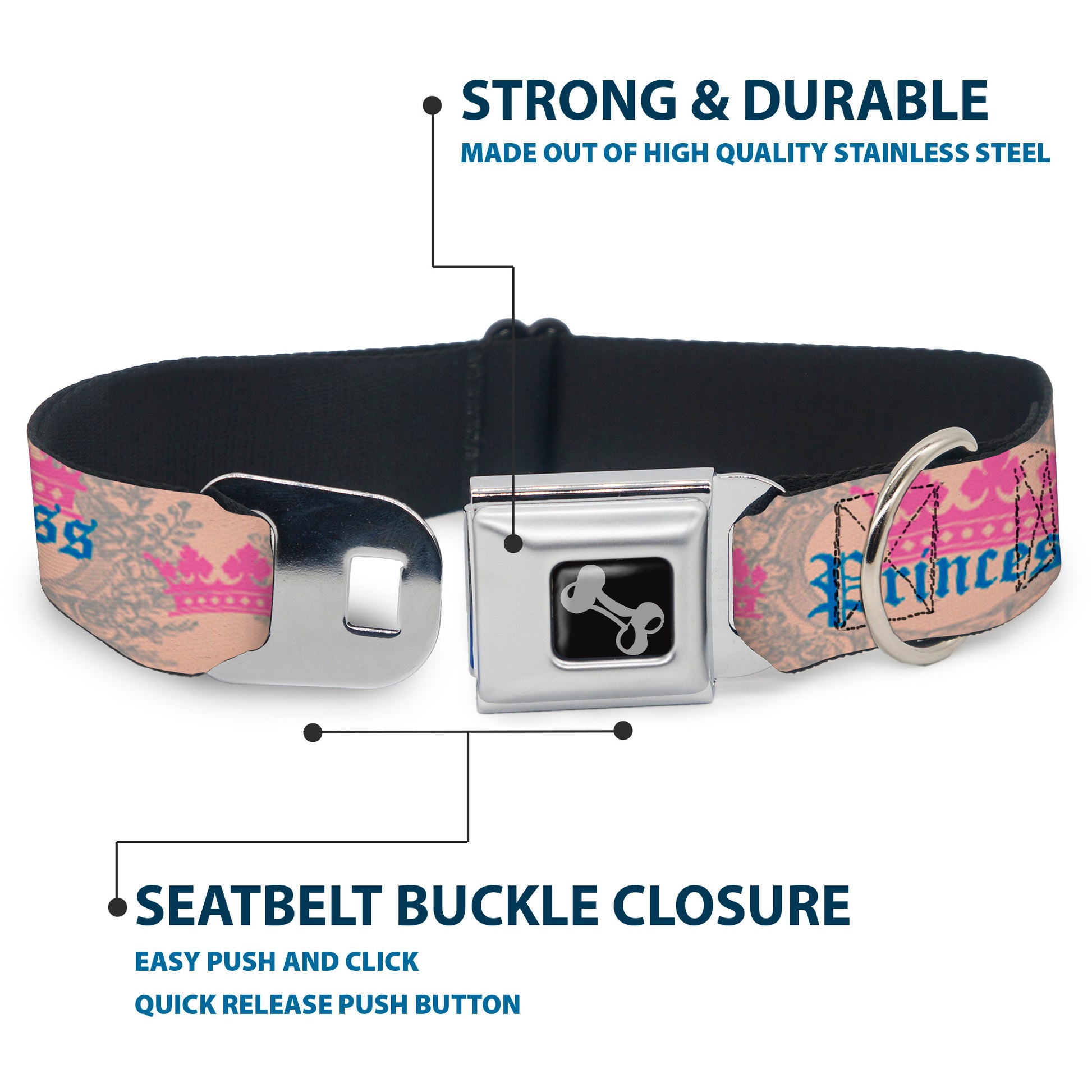 Dog Bone Seatbelt Buckle Collar - Crown Princess Oval Baby Pink/Baby Blue Seatbelt Buckle Collars Buckle-Down