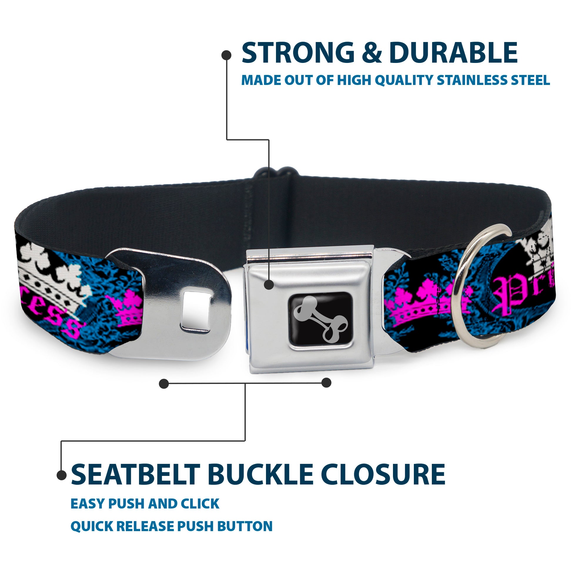 Dog Bone Seatbelt Buckle Collar - Crown Princess Oval Black/Turquoise Seatbelt Buckle Collars Buckle-Down
