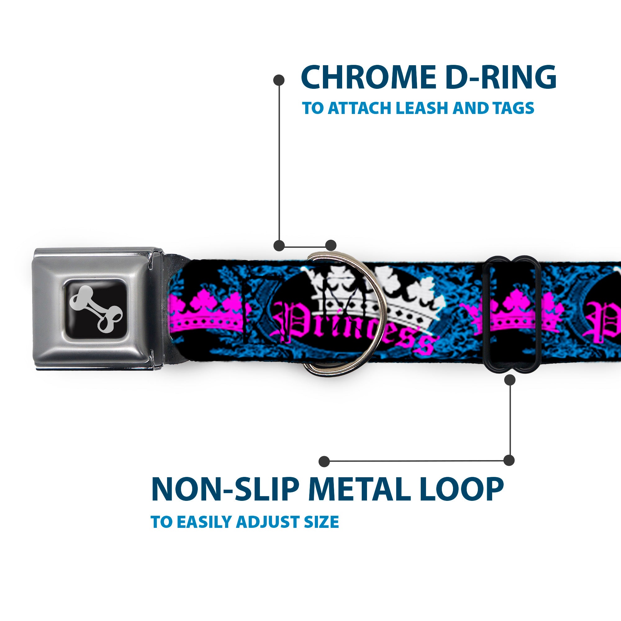 Dog Bone Seatbelt Buckle Collar - Crown Princess Oval Black/Turquoise Seatbelt Buckle Collars Buckle-Down