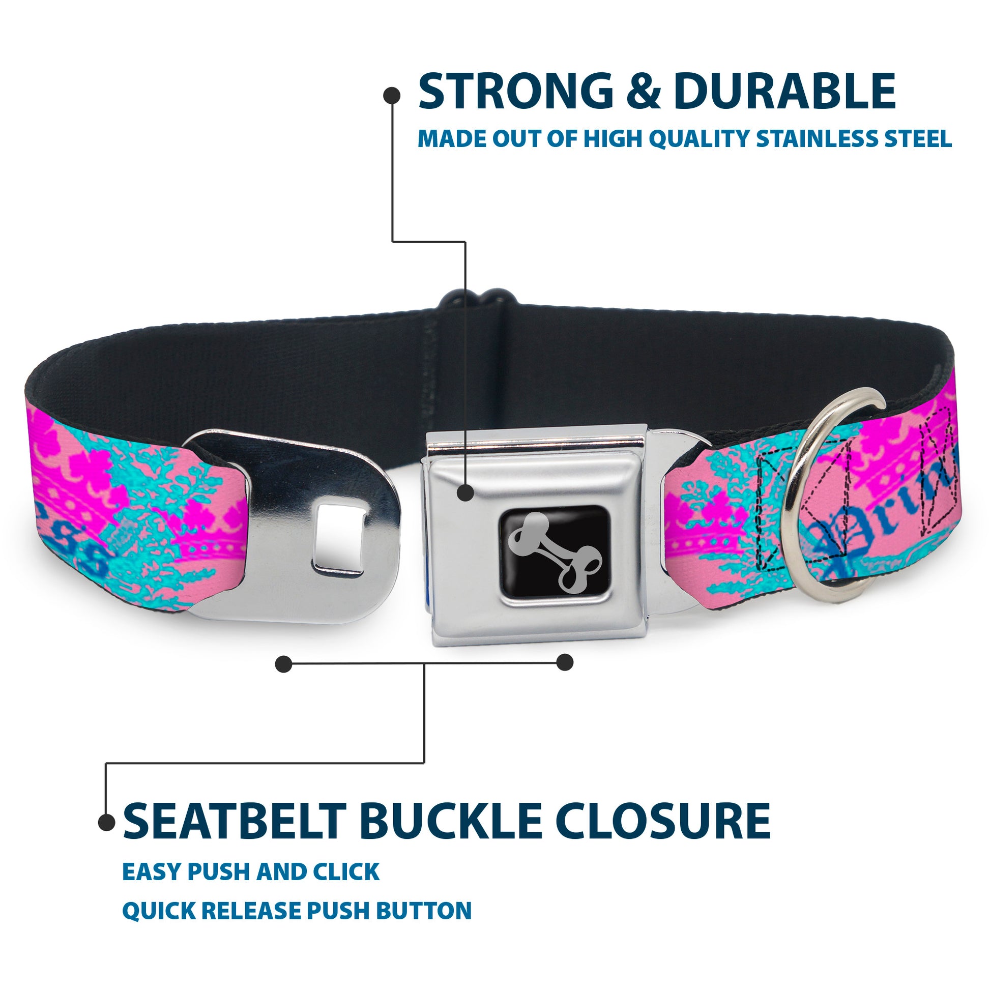 Dog Bone Seatbelt Buckle Collar - Crown Princess Oval Pink/Turquoise Seatbelt Buckle Collars Buckle-Down