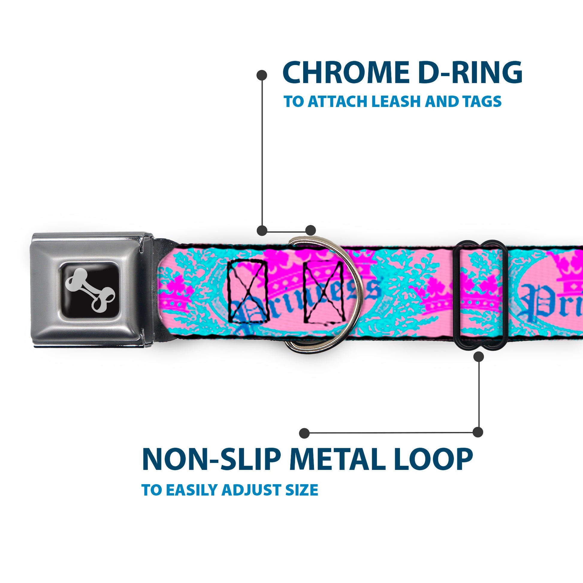Dog Bone Seatbelt Buckle Collar - Crown Princess Oval Pink/Turquoise Seatbelt Buckle Collars Buckle-Down