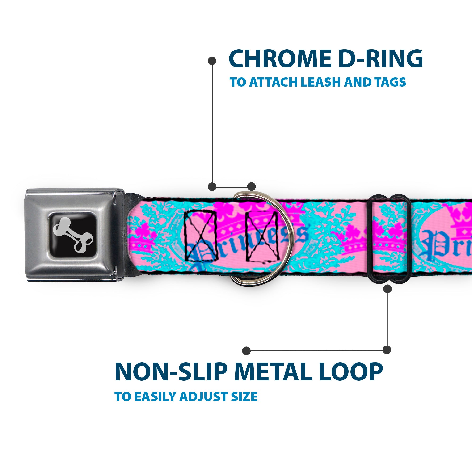 Dog Bone Seatbelt Buckle Collar - Crown Princess Oval Pink/Turquoise Seatbelt Buckle Collars Buckle-Down