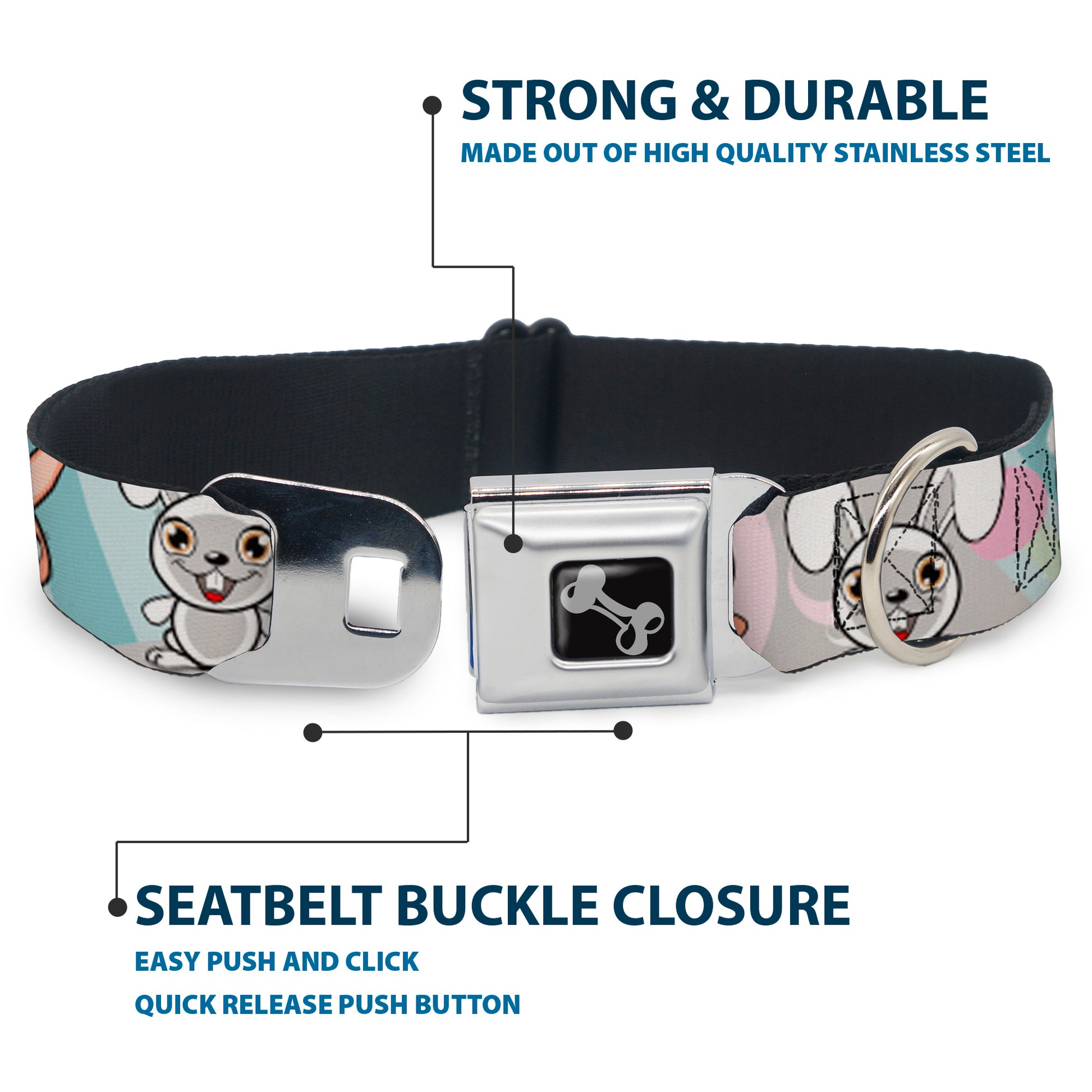 Dog Bone Seatbelt Buckle Collar - Cute Bunnies Multi Pastel Seatbelt Buckle Collars Buckle-Down