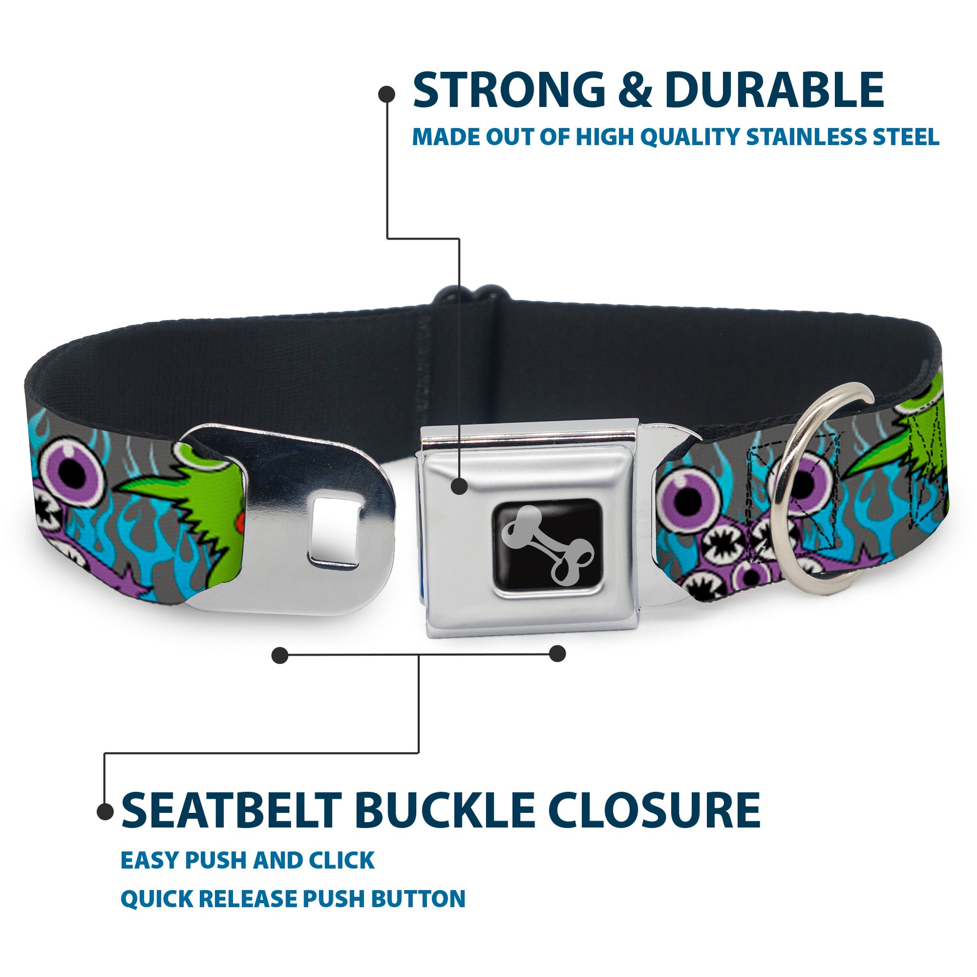 Dog Bone Seatbelt Buckle Collar - Cute Monsters Gray/Flame Blue Seatbelt Buckle Collars Buckle-Down