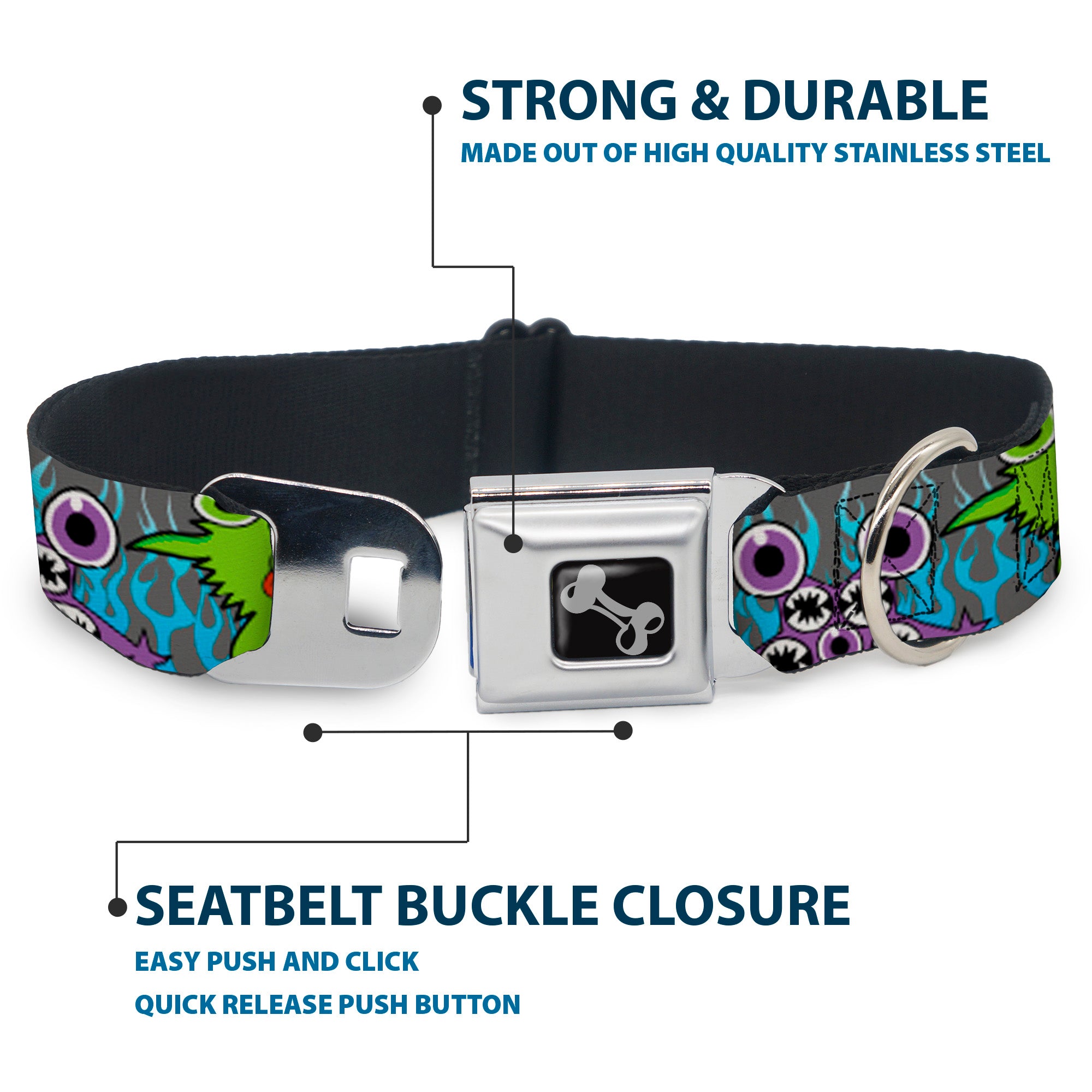 Dog Bone Seatbelt Buckle Collar - Cute Monsters Gray/Flame Blue Seatbelt Buckle Collars Buckle-Down