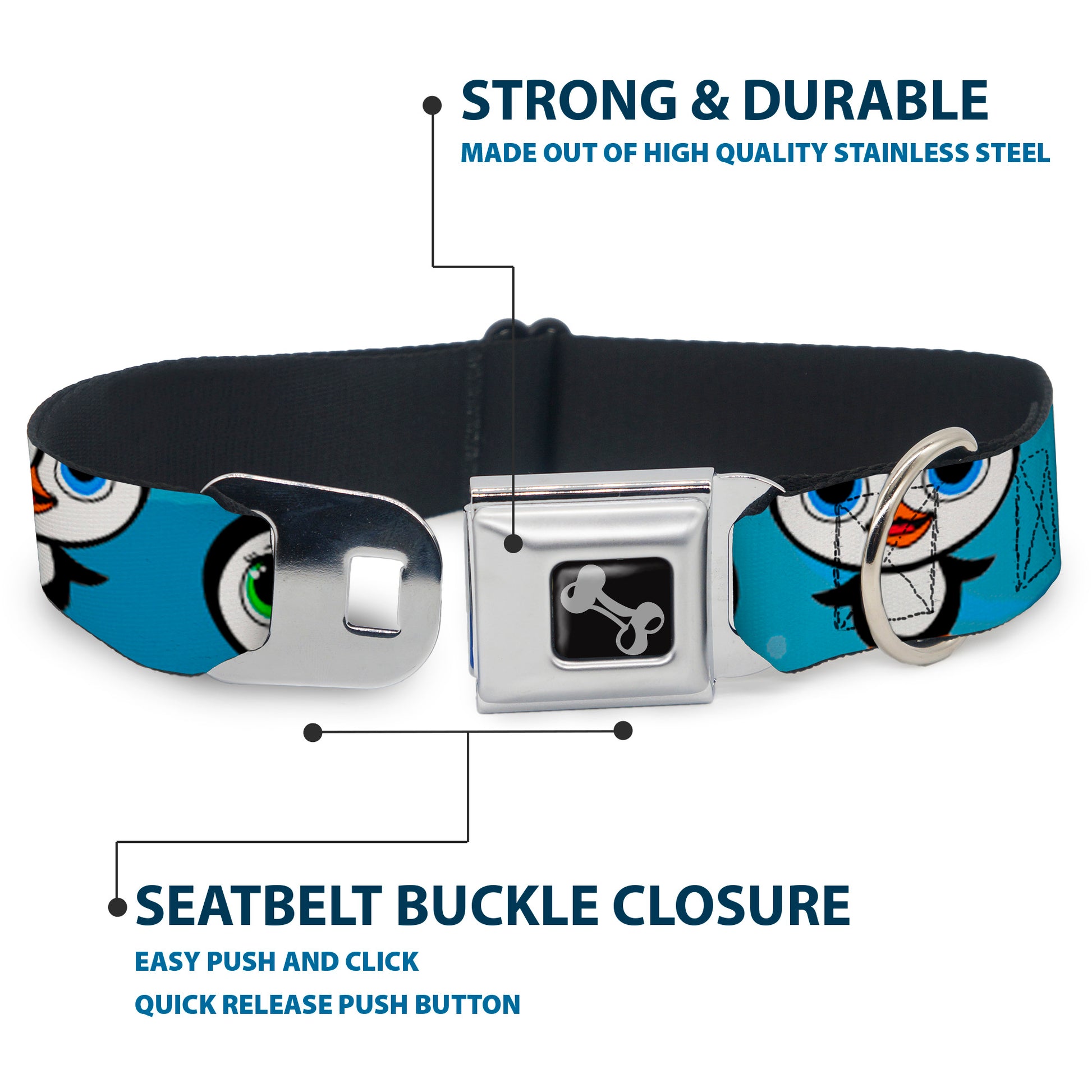 Dog Bone Seatbelt Buckle Collar - Cute Penguins Blue Bubbles Seatbelt Buckle Collars Buckle-Down