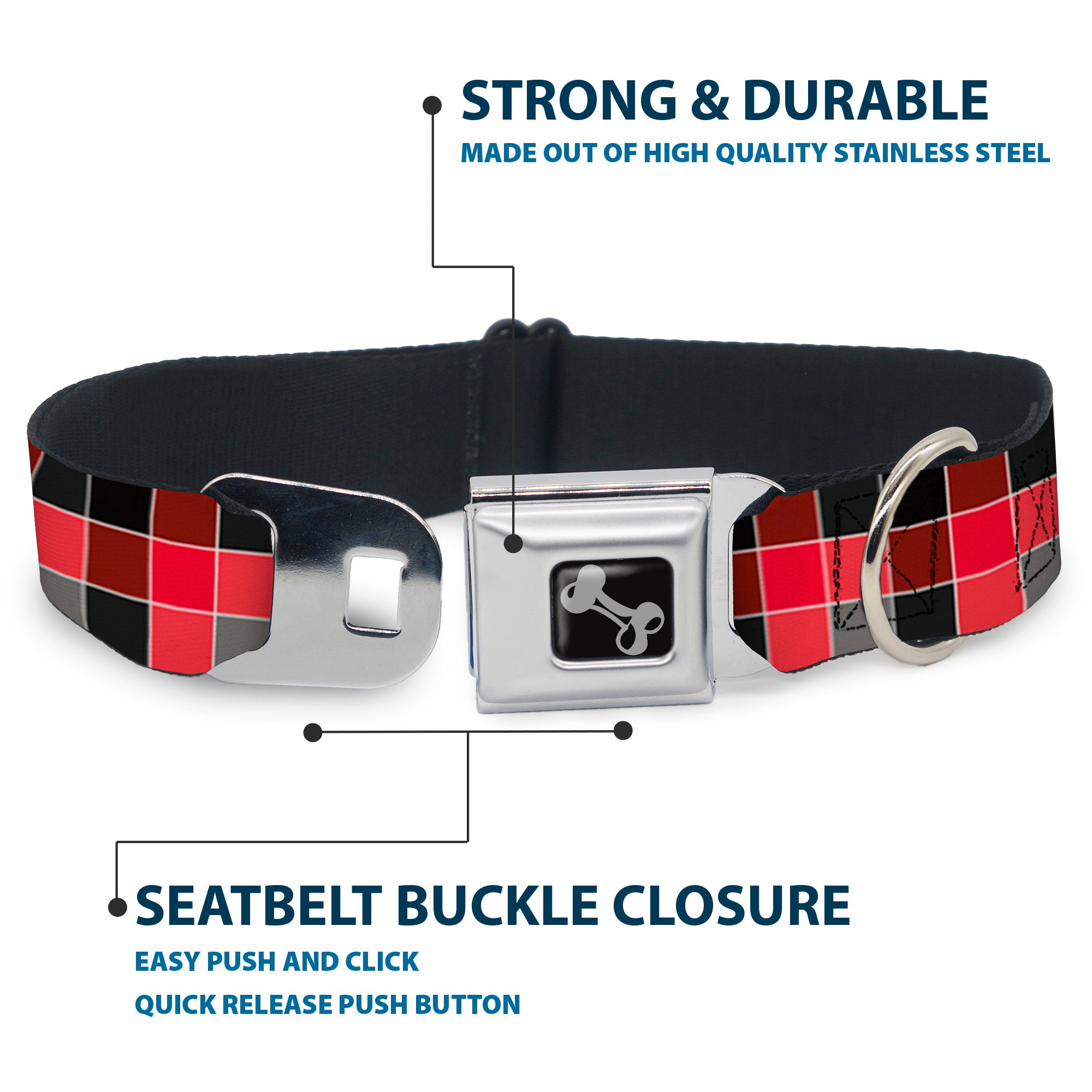 Dog Bone Seatbelt Buckle Collar - Checker Mosaic Red Seatbelt Buckle Collars Buckle-Down