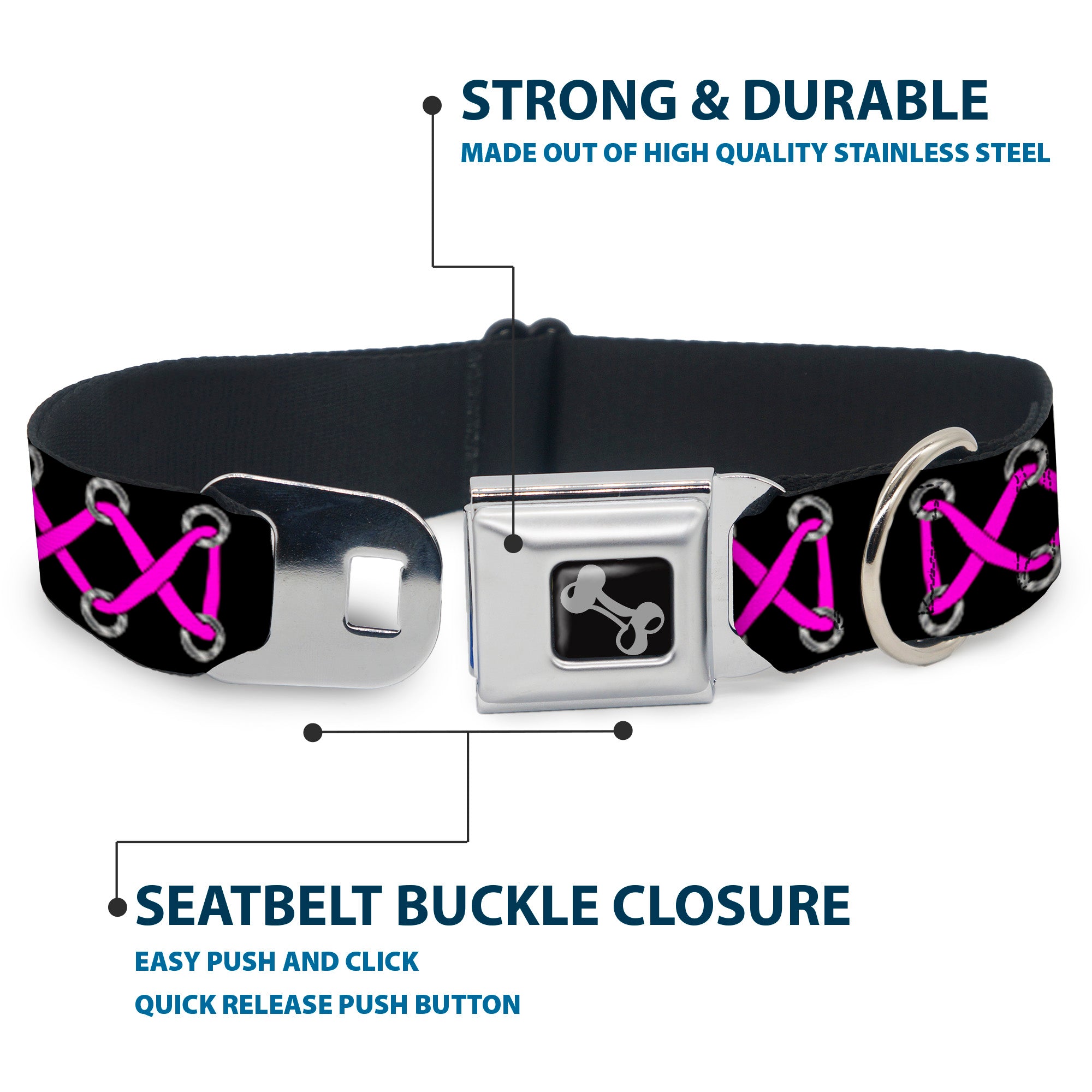 Dog Bone Seatbelt Buckle Collar - Corset Lace Up Black/Fuchsia Seatbelt Buckle Collars Buckle-Down
