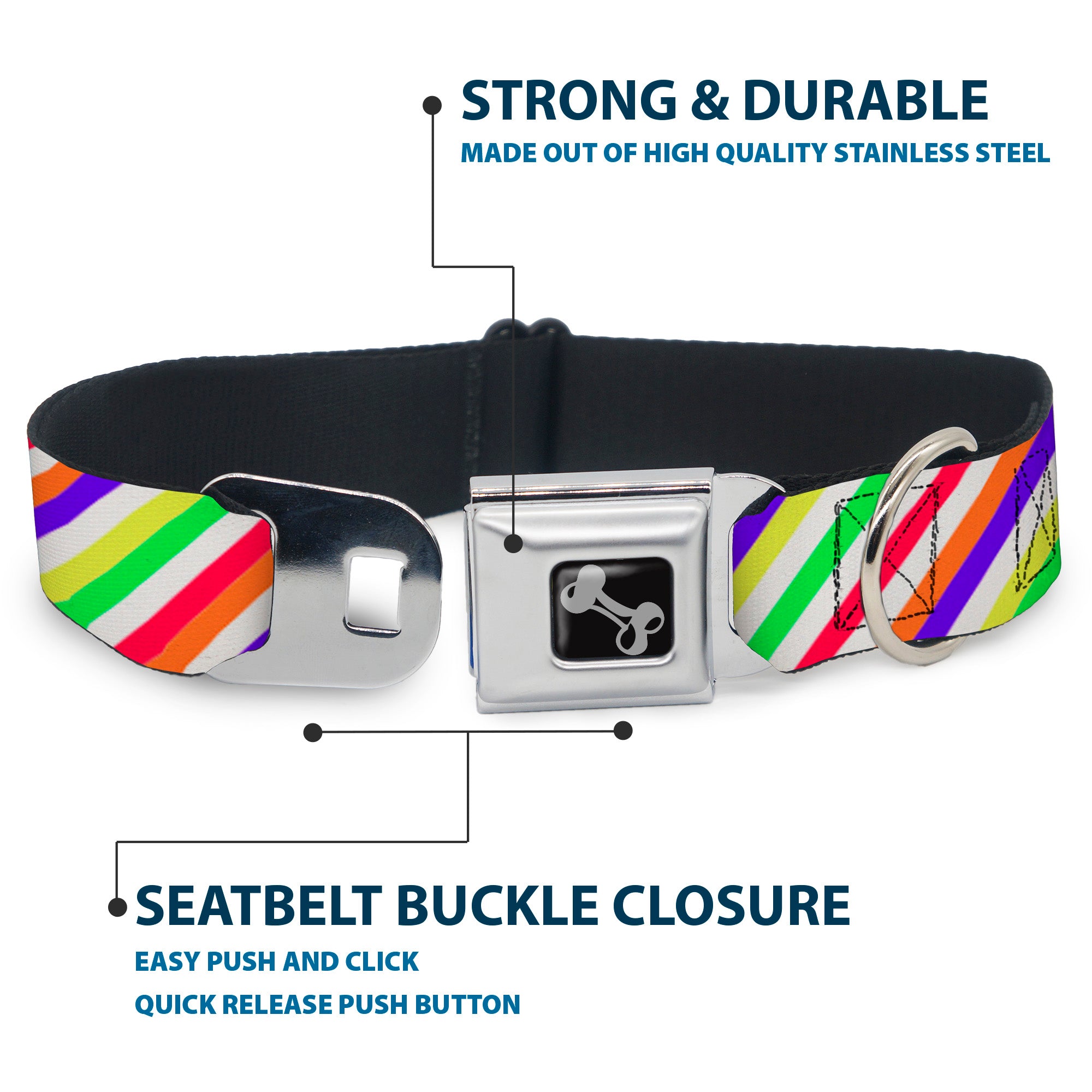 Dog Bone Seatbelt Buckle Collar - Diagonal Stripes White/Multi Neon Seatbelt Buckle Collars Buckle-Down