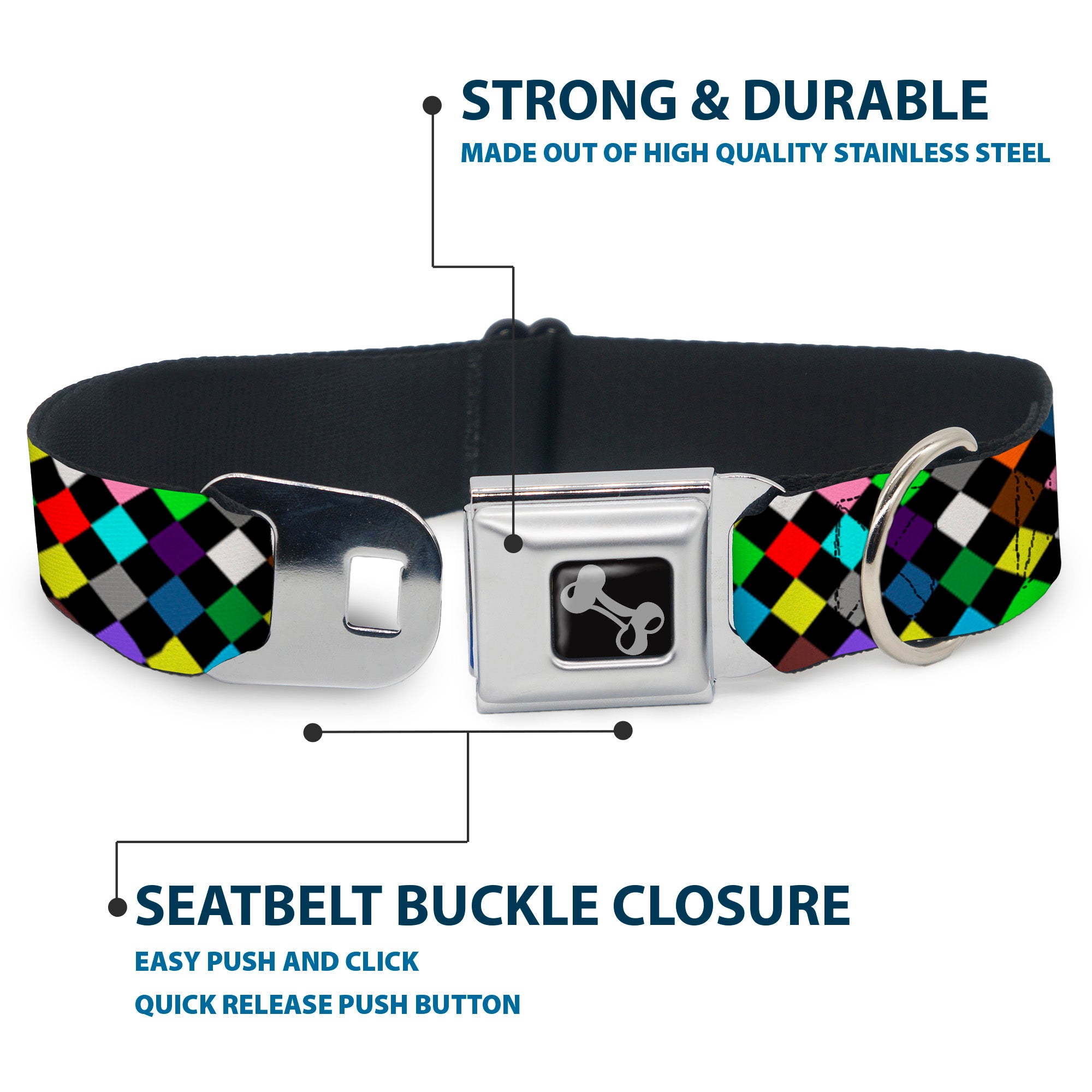Dog Bone Seatbelt Buckle Collar - Diamonds Black/Multi Color Seatbelt Buckle Collars Buckle-Down
