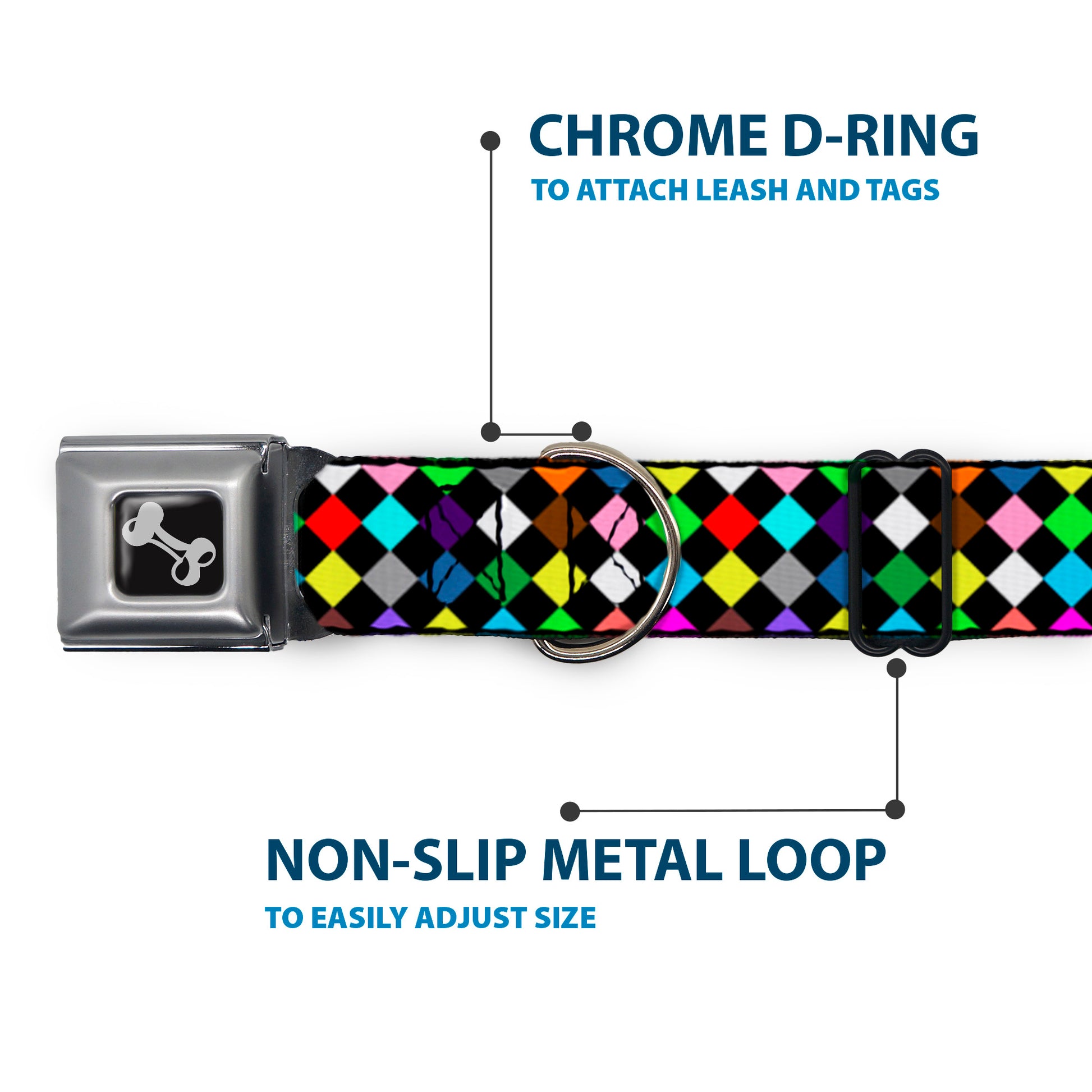 Dog Bone Seatbelt Buckle Collar - Diamonds Black/Multi Color Seatbelt Buckle Collars Buckle-Down