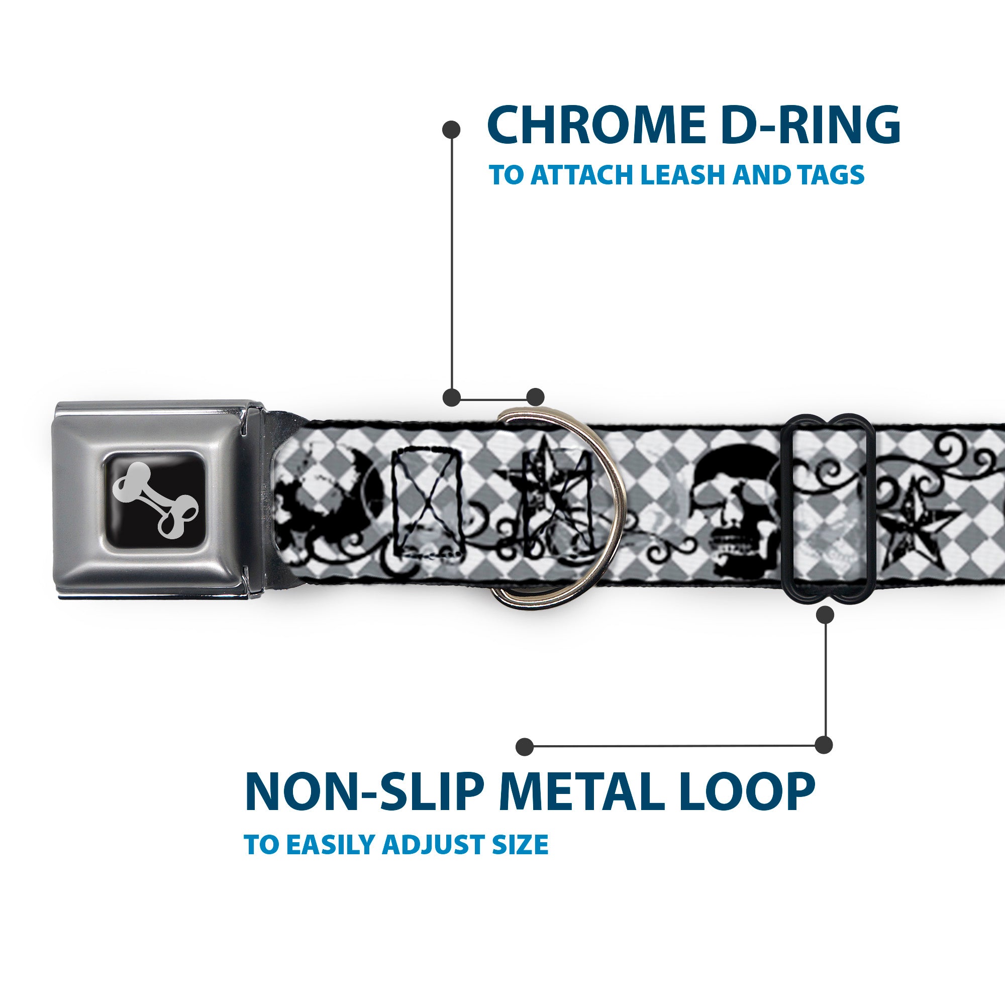 Dog Bone Seatbelt Buckle Collar - Diamonds White/Gray w/Skulls Seatbelt Buckle Collars Buckle-Down