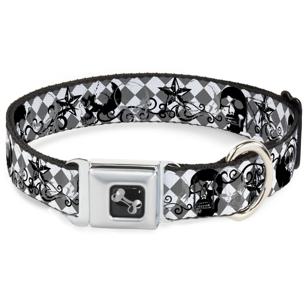 Dog Bone Seatbelt Buckle Collar - Diamonds White/Gray w/Skulls Seatbelt Buckle Collars Buckle-Down