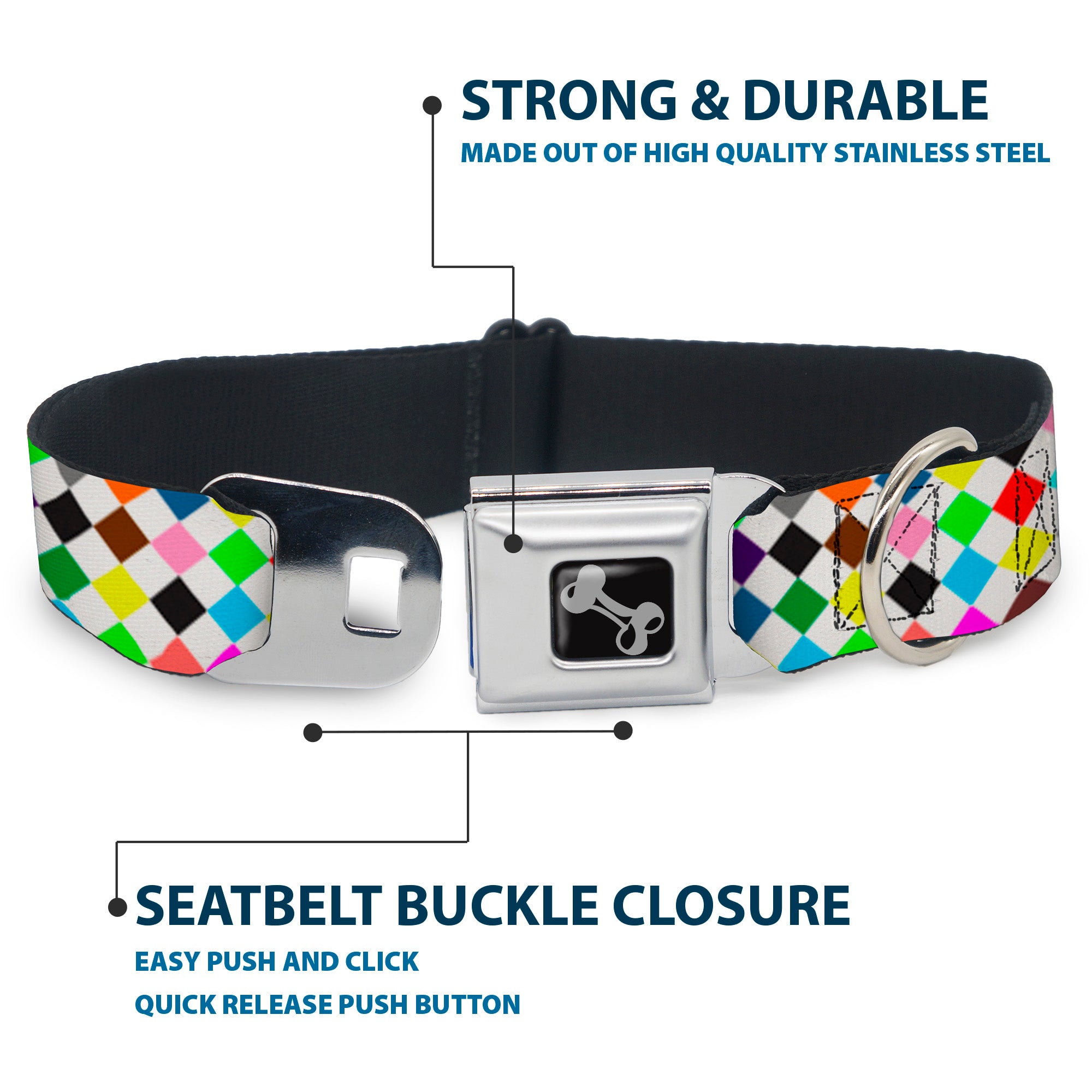 Dog Bone Seatbelt Buckle Collar - Diamonds White/Multi Color Seatbelt Buckle Collars Buckle-Down
