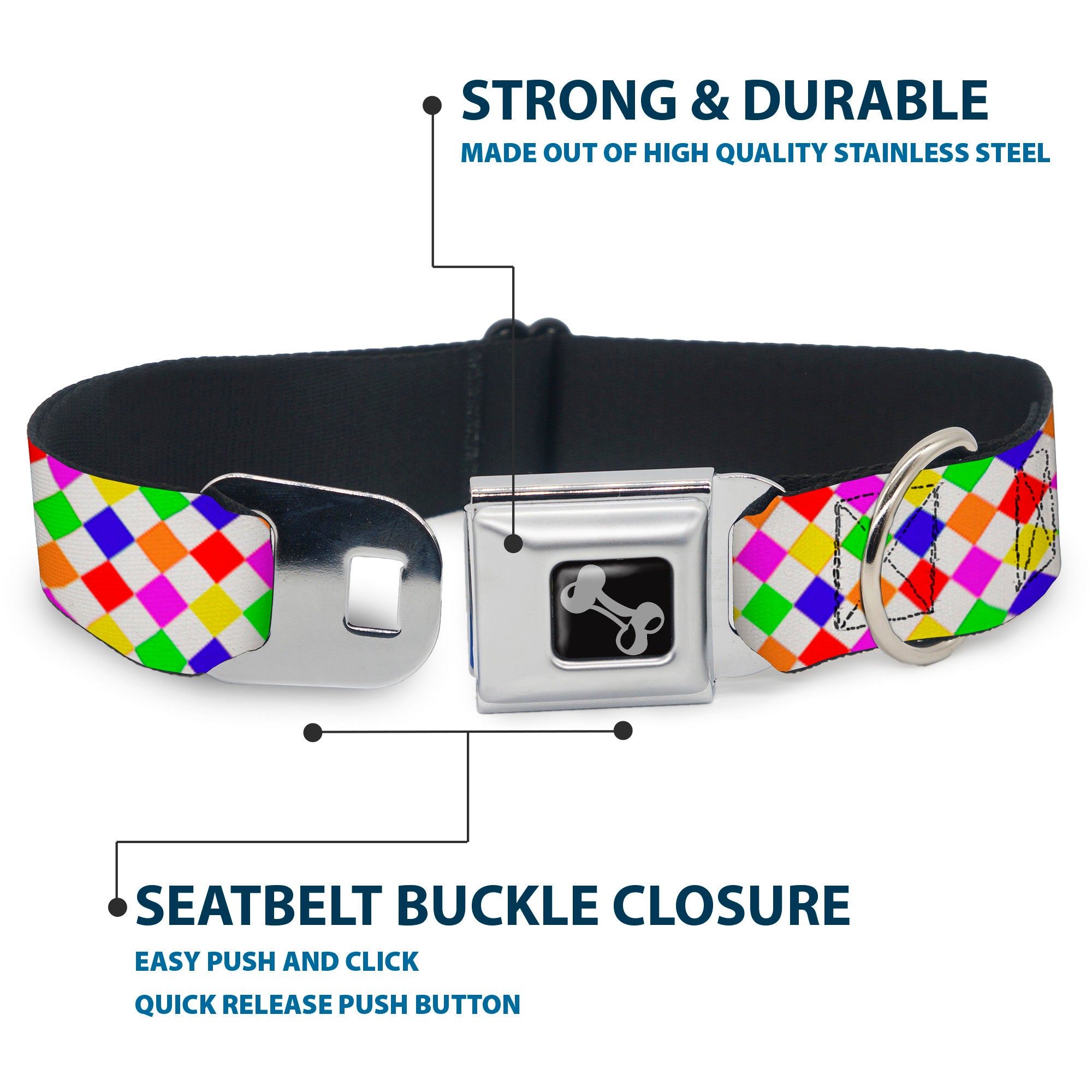 Dog Bone Seatbelt Buckle Collar - Diamonds White/Multi Neon Seatbelt Buckle Collars Buckle-Down