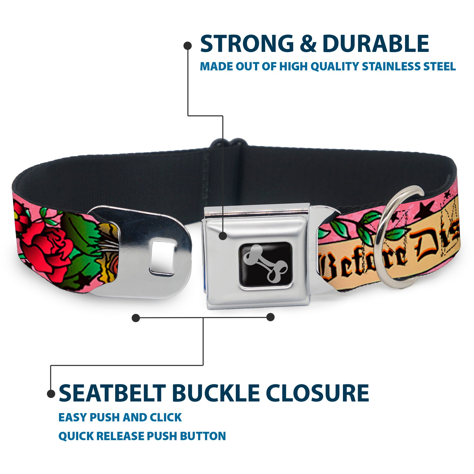 Dog Bone Seatbelt Buckle Collar - Death Before Dishonor Pink Seatbelt Buckle Collars Buckle-Down
