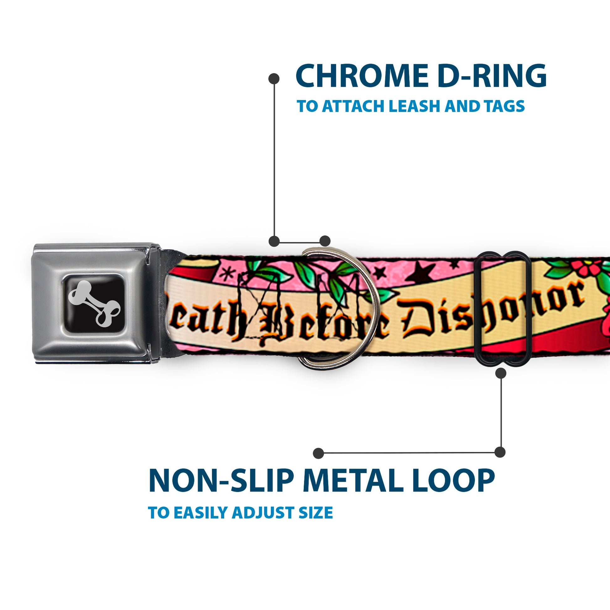Dog Bone Seatbelt Buckle Collar - Death Before Dishonor Pink Seatbelt Buckle Collars Buckle-Down