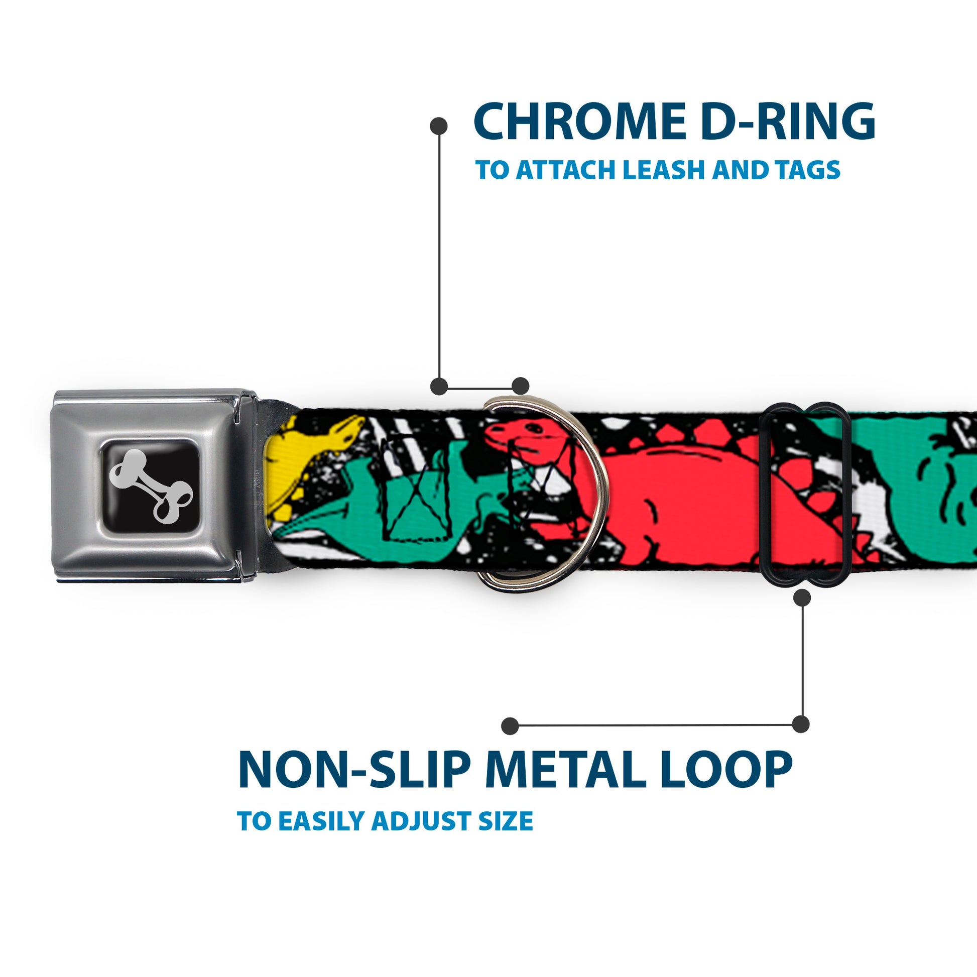 Dog Bone Seatbelt Buckle Collar - Dinosaurs/Paint Splatter Black/White/Multi Color Seatbelt Buckle Collars Buckle-Down