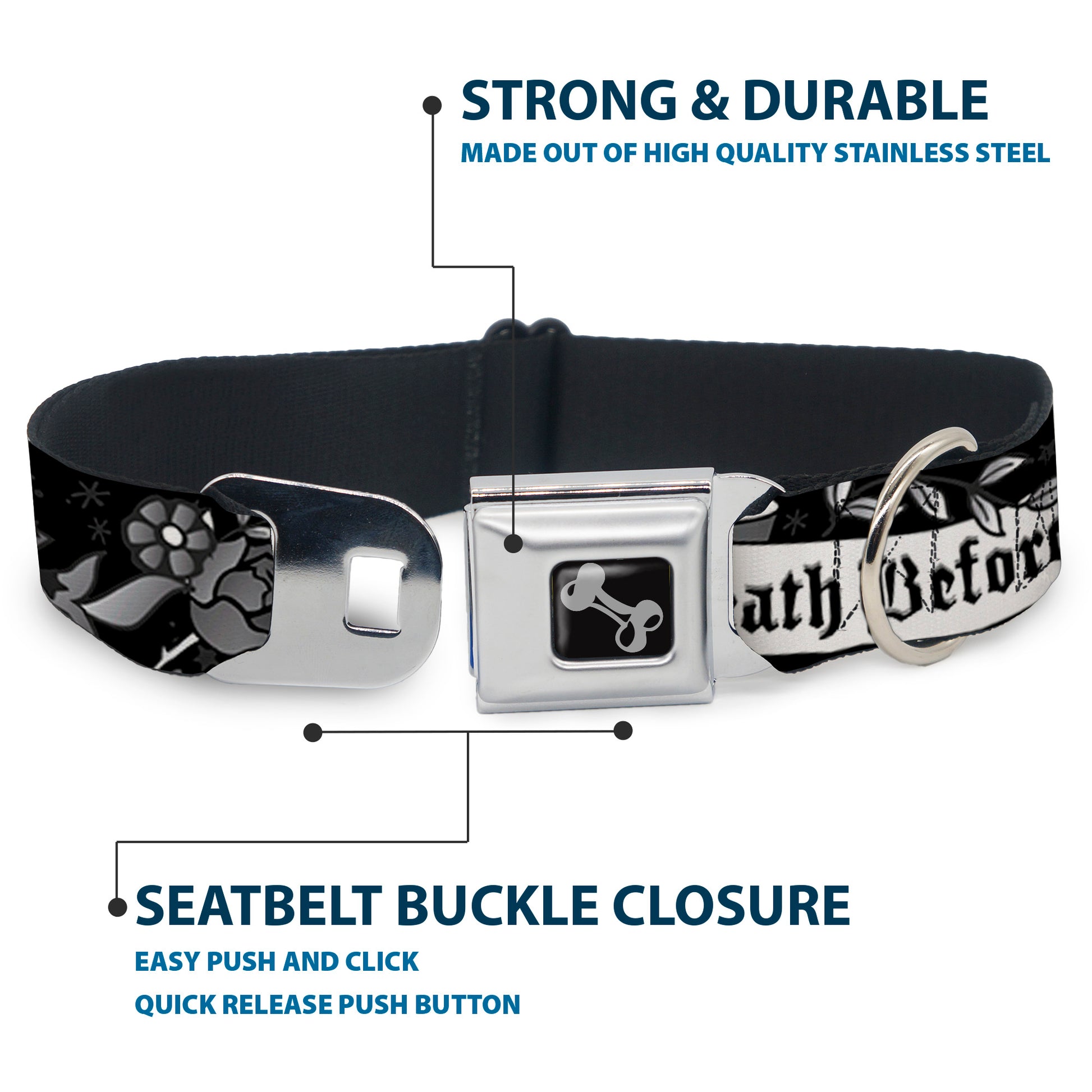 Dog Bone Seatbelt Buckle Collar - Death Before Dishonor Black/White Seatbelt Buckle Collars Buckle-Down