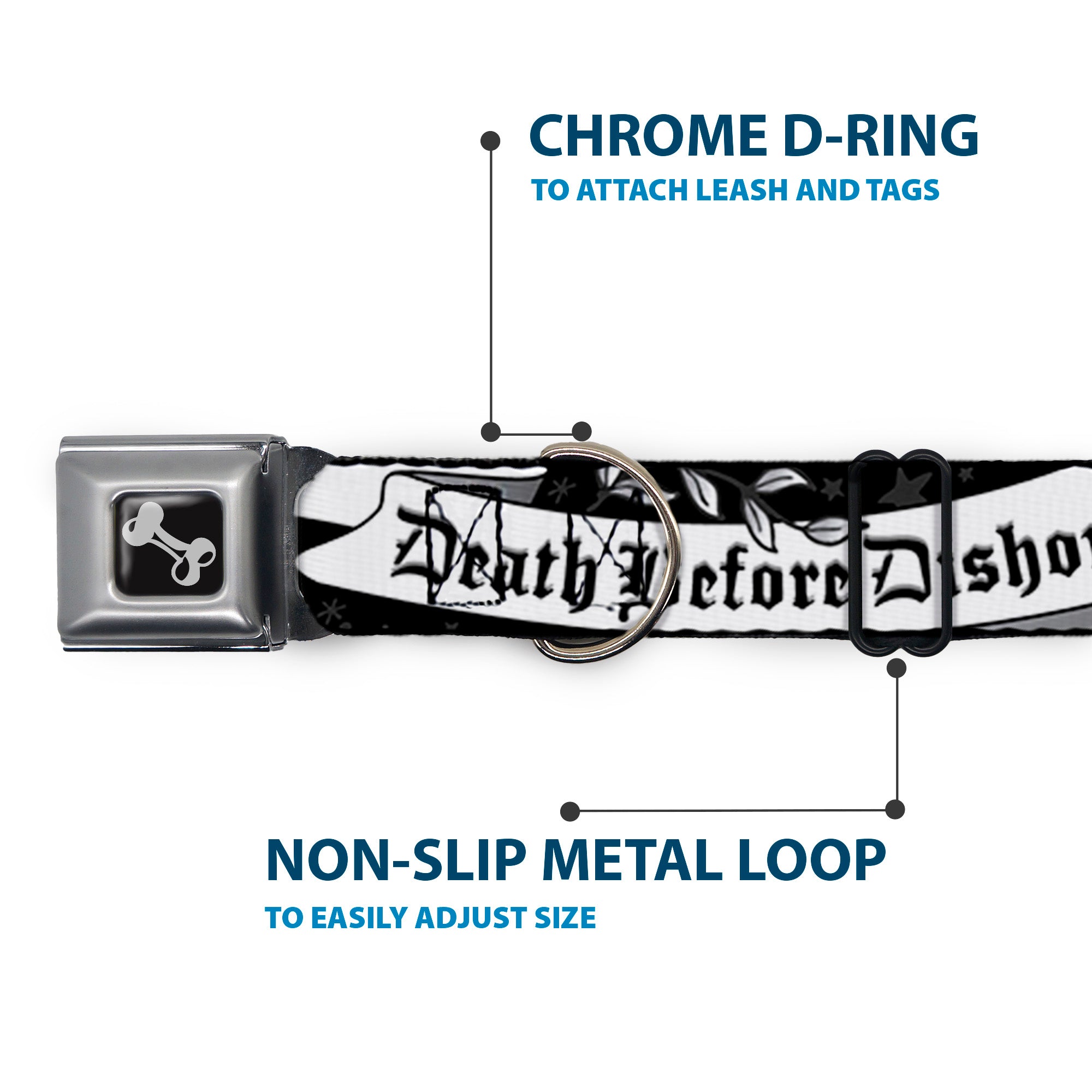 Dog Bone Seatbelt Buckle Collar - Death Before Dishonor Black/White Seatbelt Buckle Collars Buckle-Down