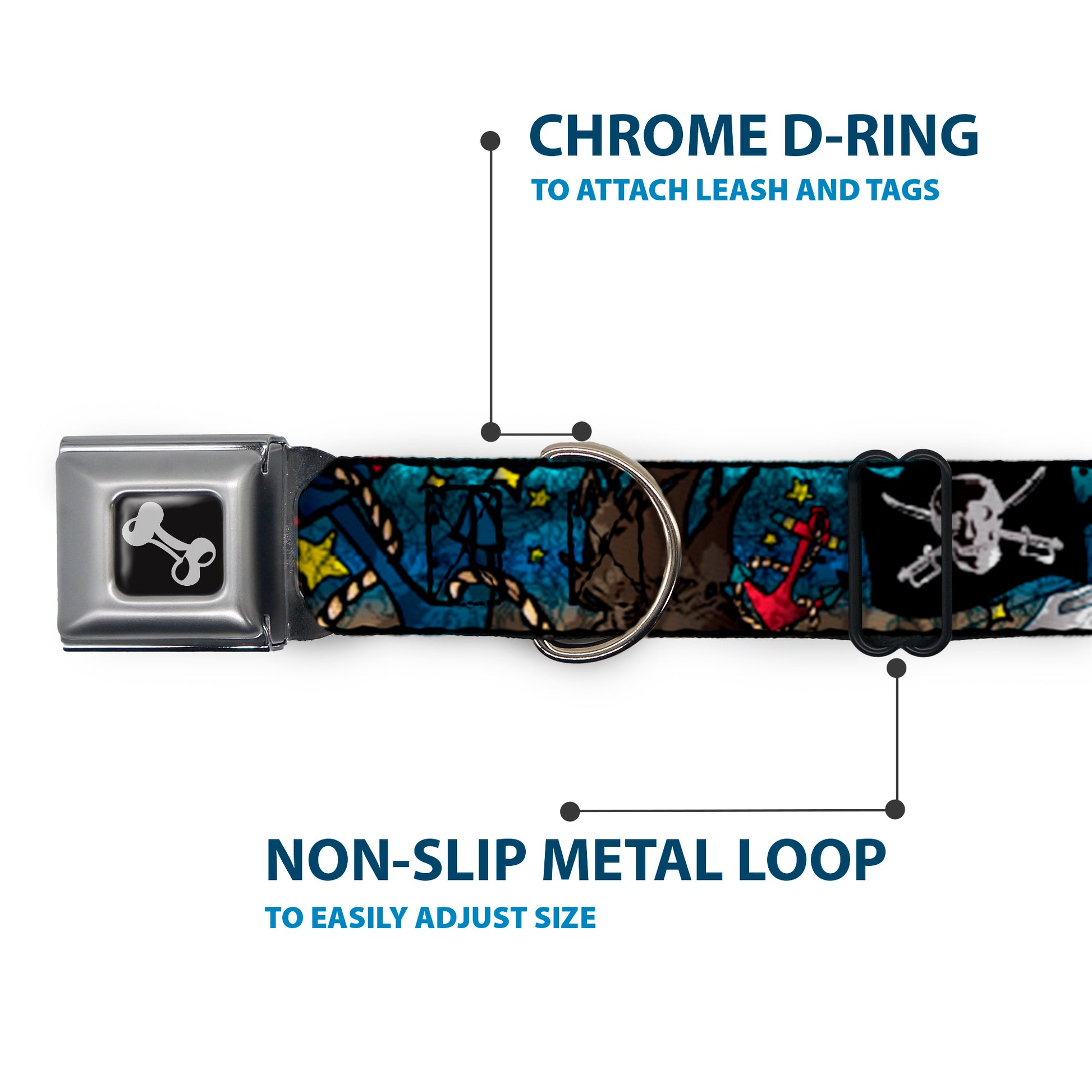 Dog Bone Seatbelt Buckle Collar - Dead Men Tell No Tales CLOSE-UP Turquoise Seatbelt Buckle Collars Buckle-Down