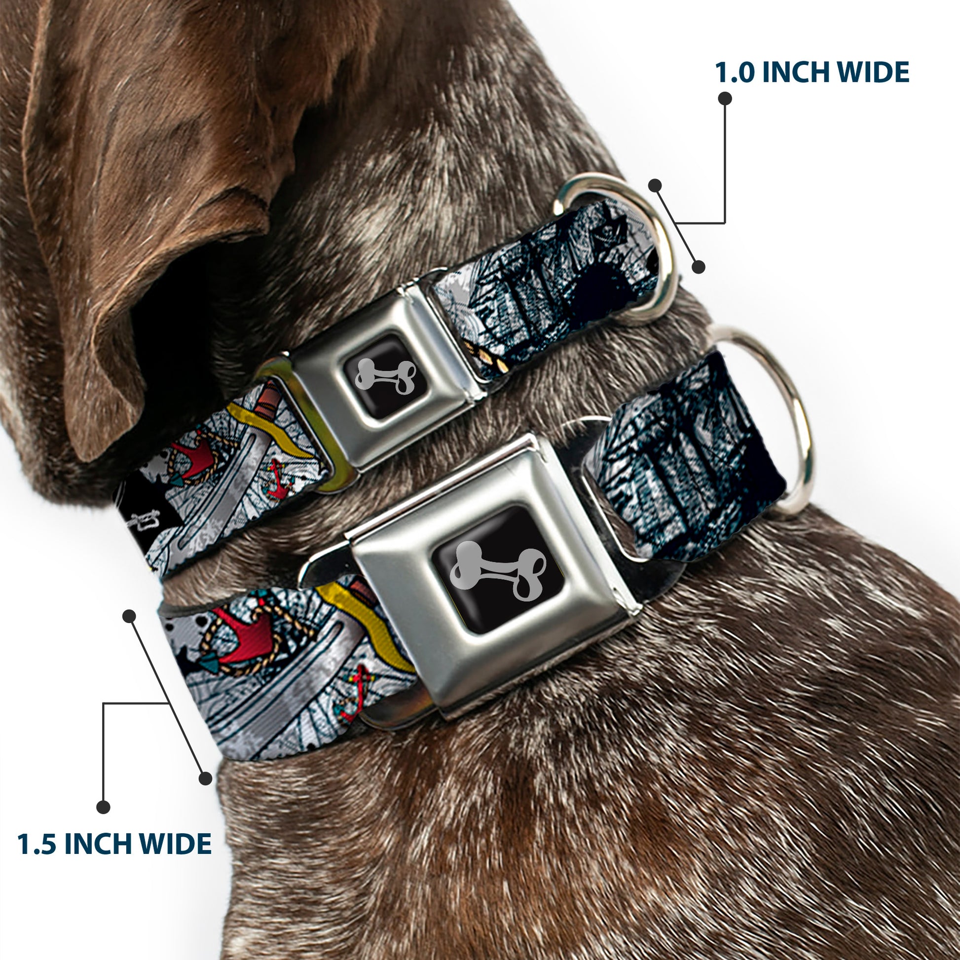 Dog Bone Seatbelt Buckle Collar - Dead Men Tell No Tales CLOSE-UP White Seatbelt Buckle Collars Buckle-Down