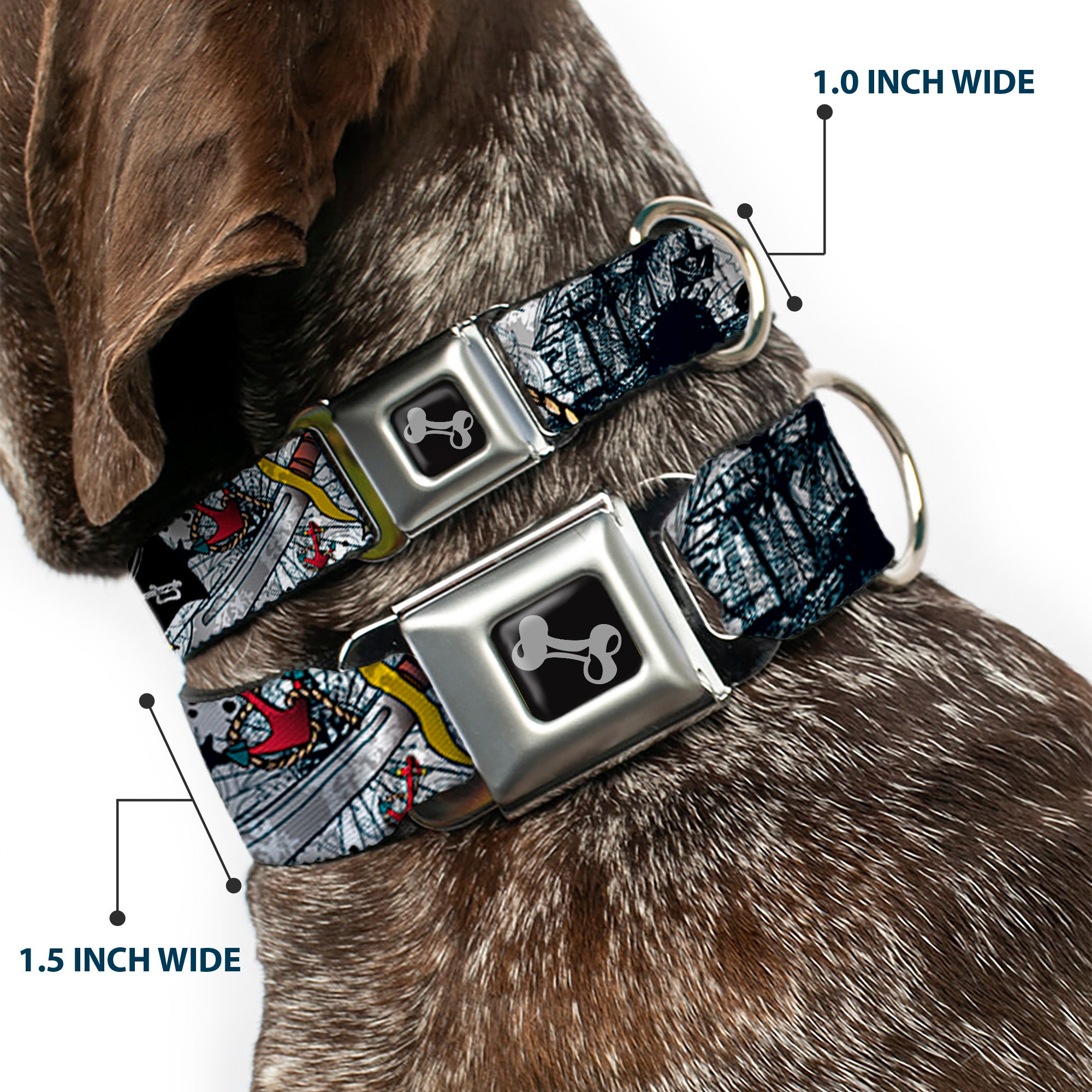 Dog Bone Seatbelt Buckle Collar - Dead Men Tell No Tales CLOSE-UP White Seatbelt Buckle Collars Buckle-Down