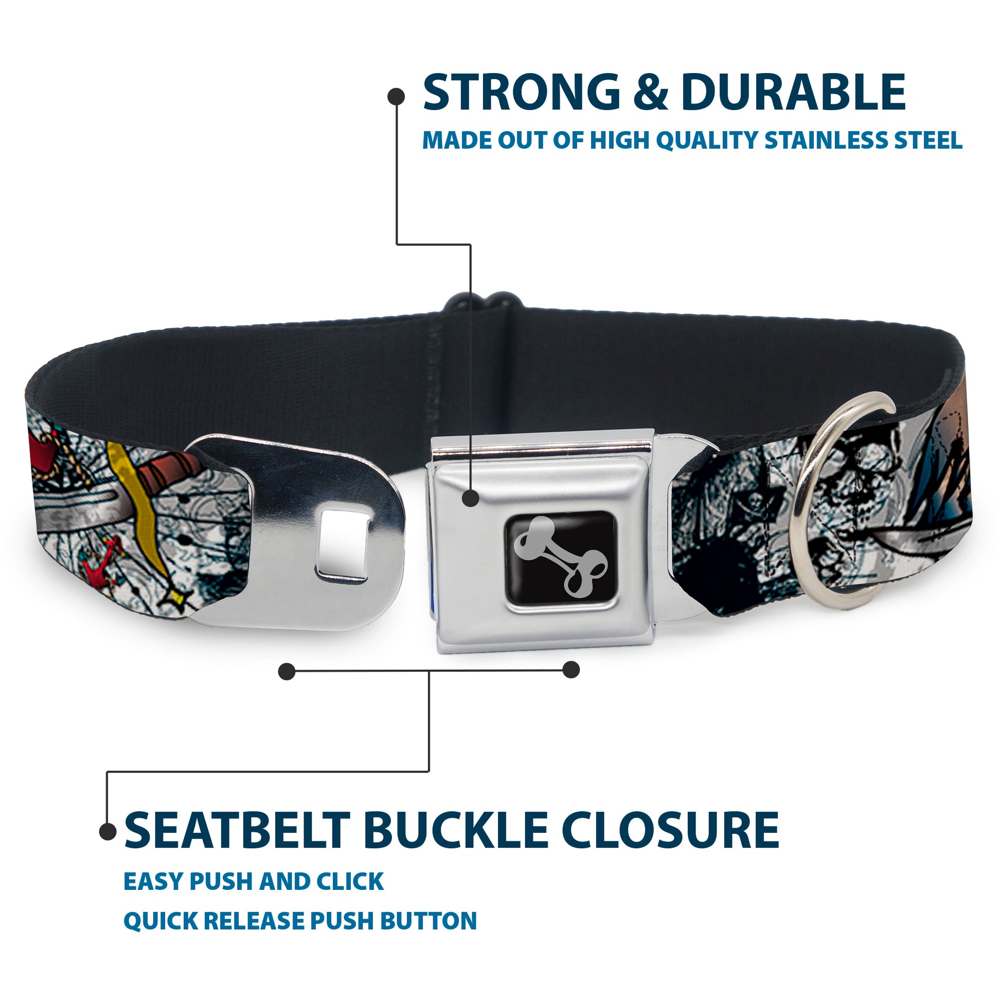 Dog Bone Seatbelt Buckle Collar - Dead Men Tell No Tales CLOSE-UP White Seatbelt Buckle Collars Buckle-Down