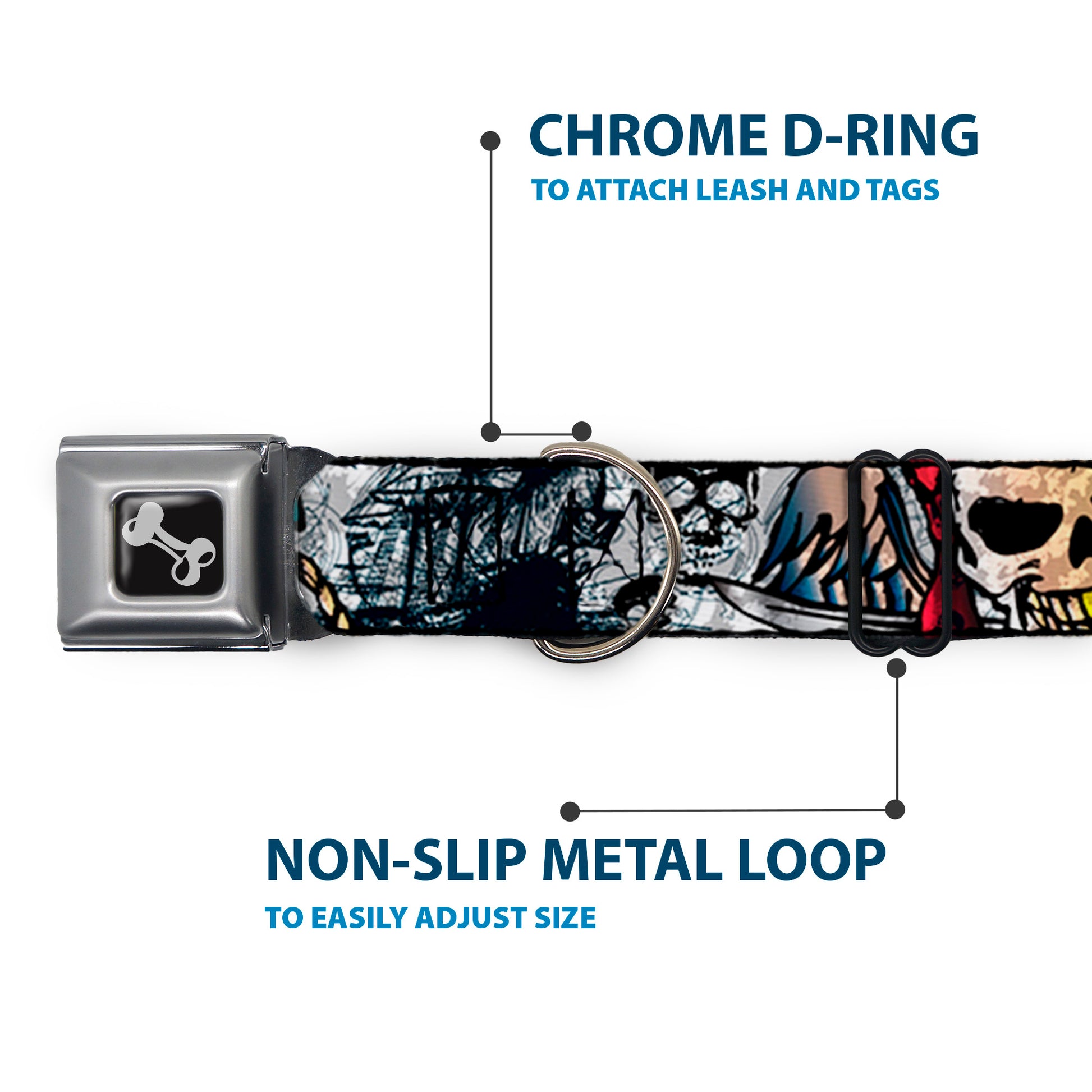 Dog Bone Seatbelt Buckle Collar - Dead Men Tell No Tales CLOSE-UP White Seatbelt Buckle Collars Buckle-Down