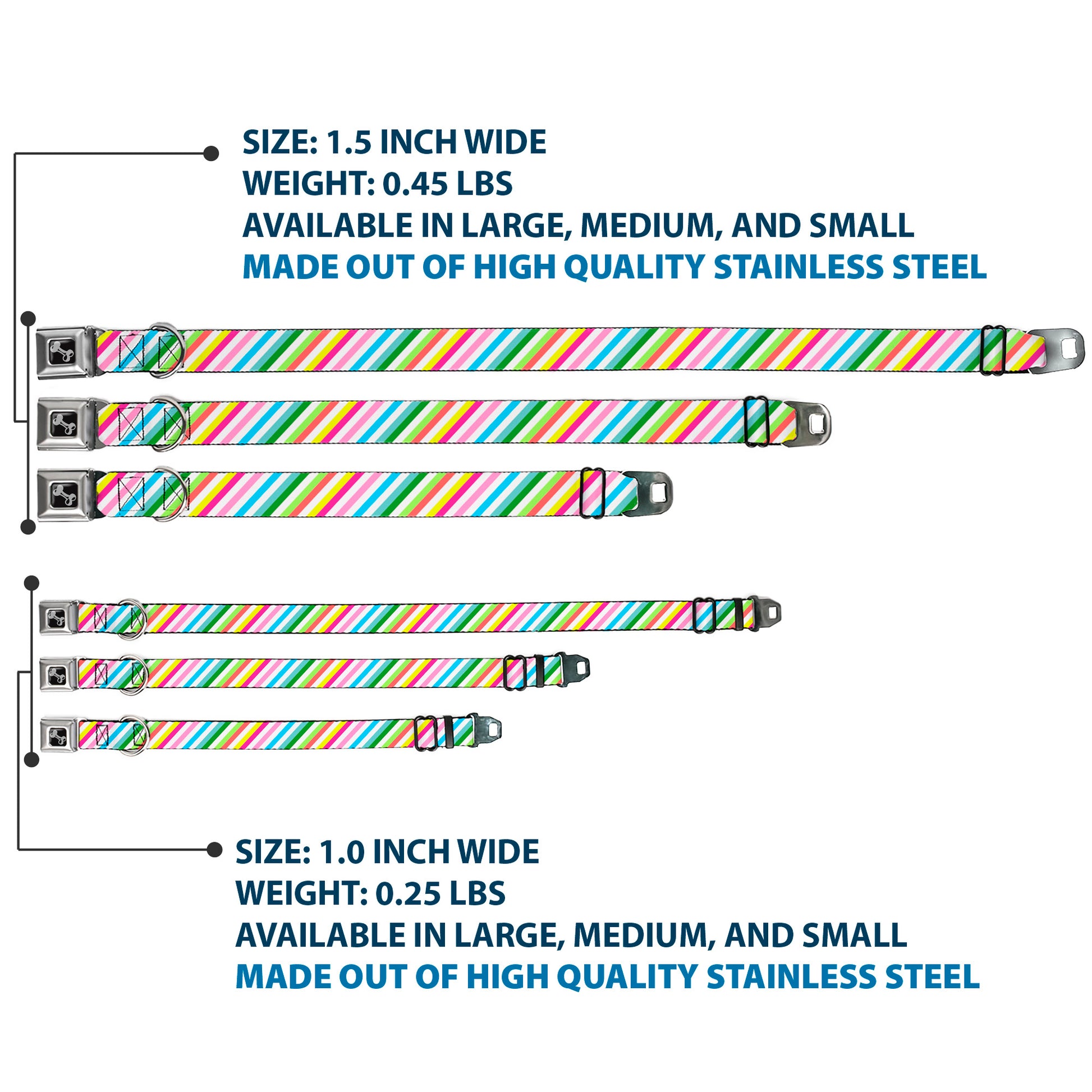 Dog Bone Seatbelt Buckle Collar - Diagonal Stripes White/Multi Color Seatbelt Buckle Collars Buckle-Down