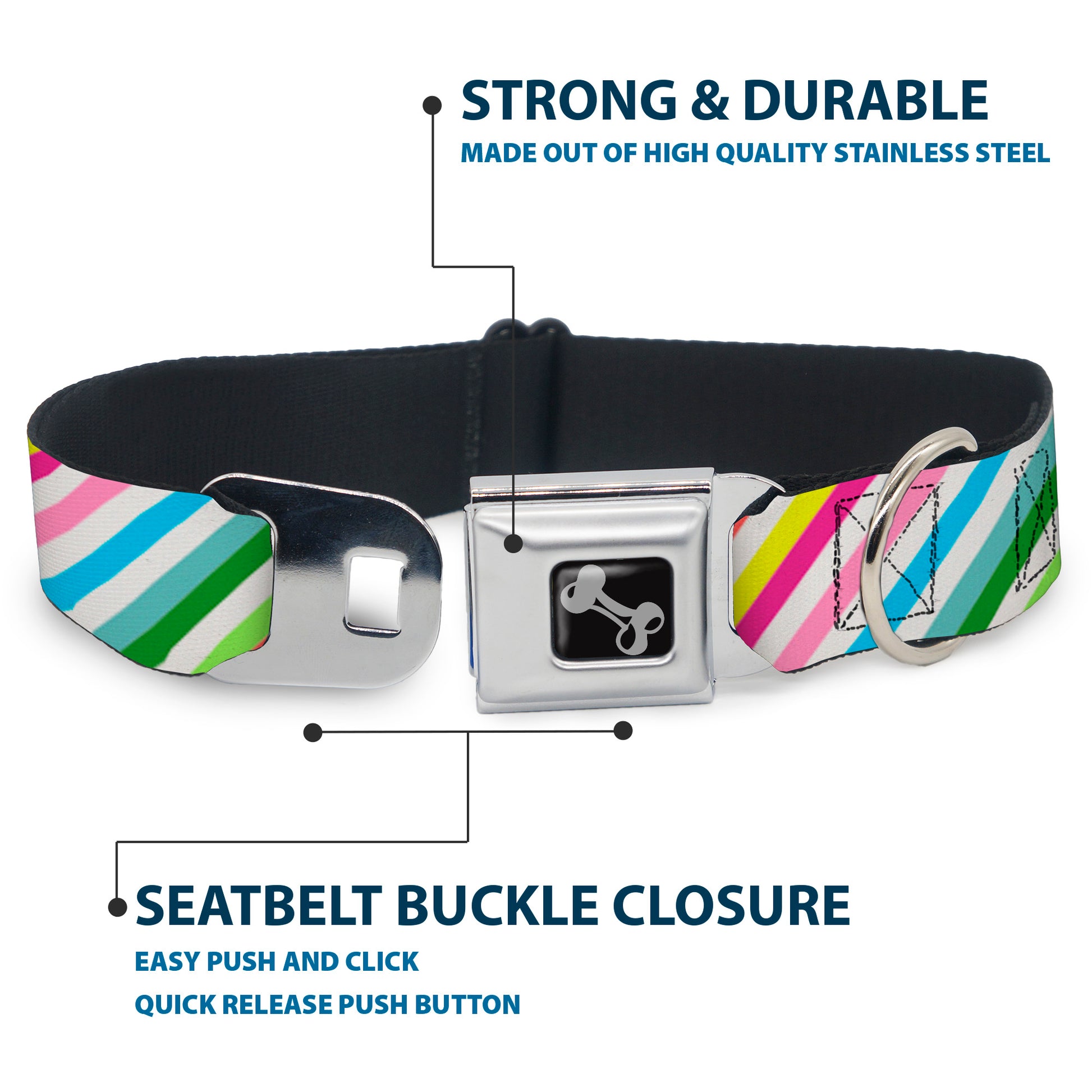 Dog Bone Seatbelt Buckle Collar - Diagonal Stripes White/Multi Color Seatbelt Buckle Collars Buckle-Down