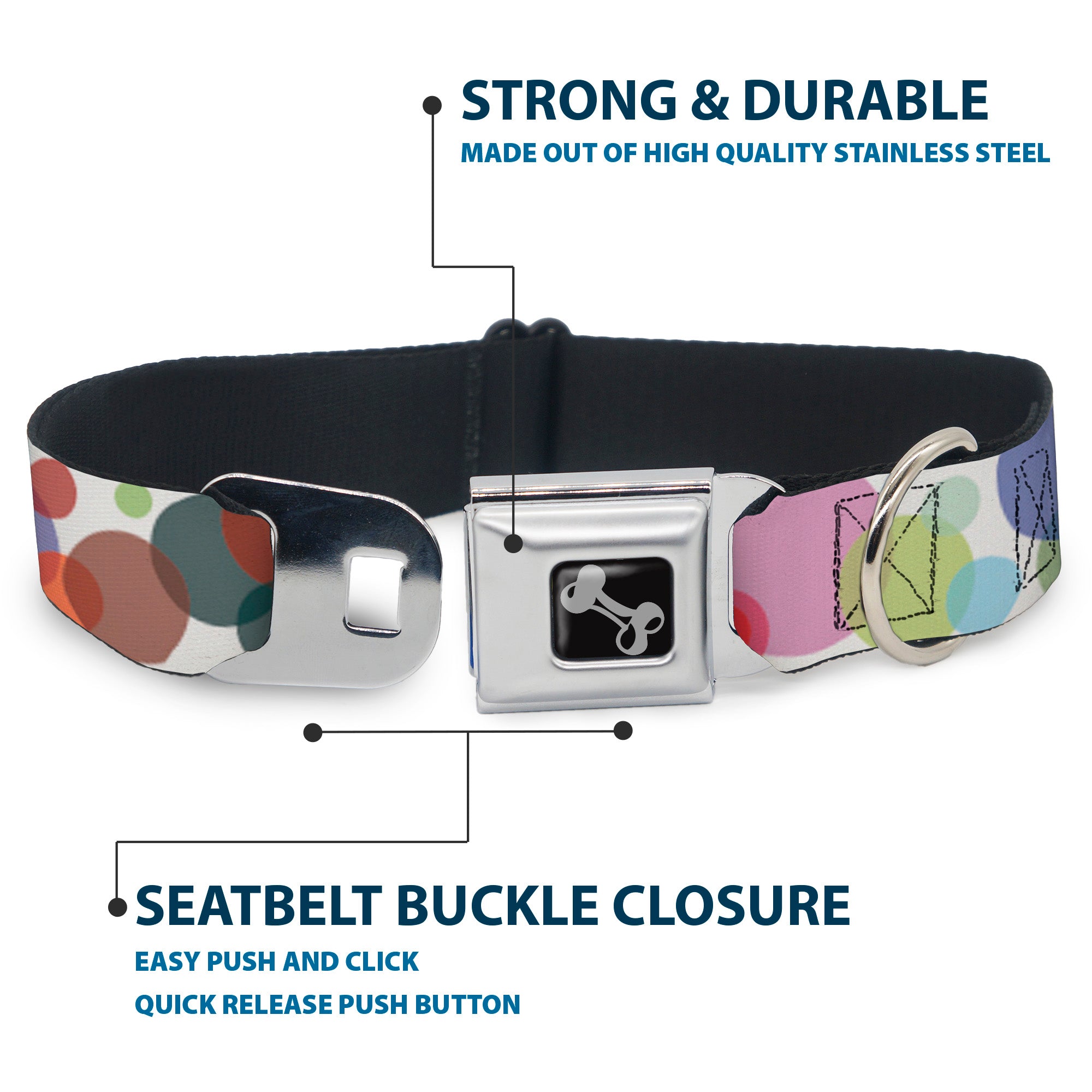 Dog Bone Seatbelt Buckle Collar - Dots White/Transparent Multi Color Seatbelt Buckle Collars Buckle-Down