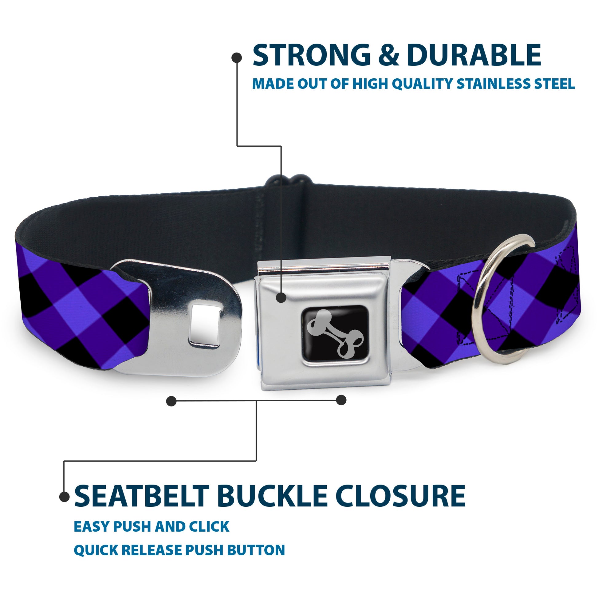 Dog Bone Seatbelt Buckle Collar - Diagonal Buffalo Plaid Black/Blue Seatbelt Buckle Collars Buckle-Down