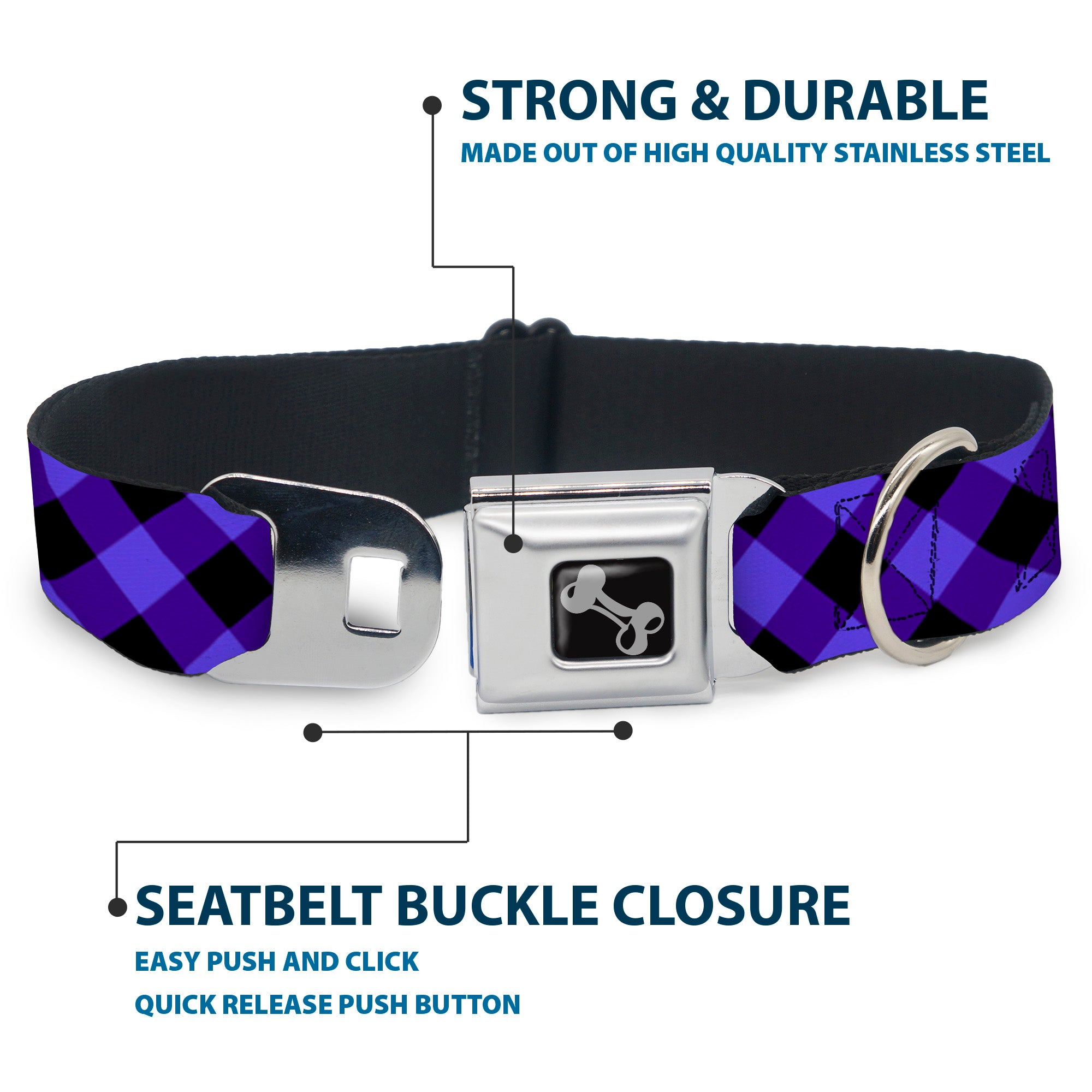 Dog Bone Seatbelt Buckle Collar - Diagonal Buffalo Plaid Black/Blue Seatbelt Buckle Collars Buckle-Down