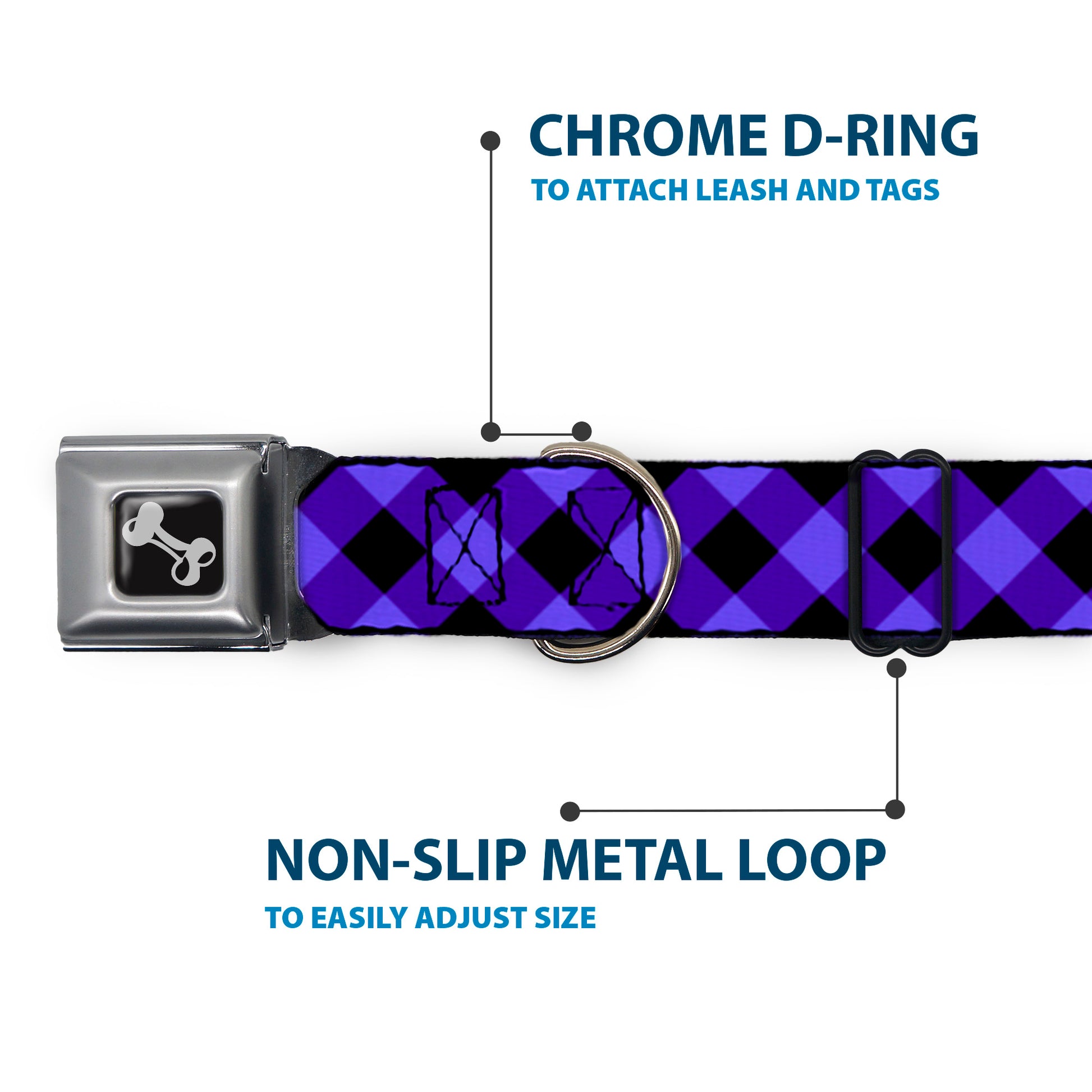 Dog Bone Seatbelt Buckle Collar - Diagonal Buffalo Plaid Black/Blue Seatbelt Buckle Collars Buckle-Down