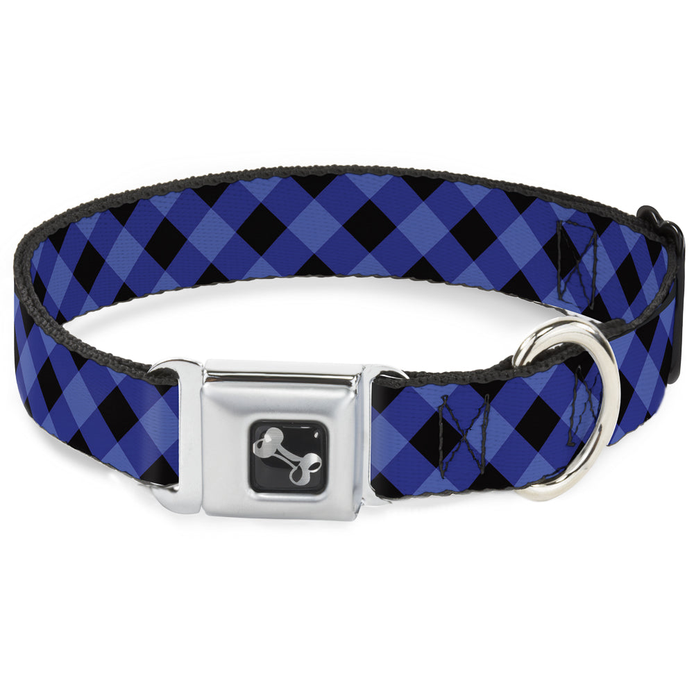 Dog Bone Seatbelt Buckle Collar - Diagonal Buffalo Plaid Black/Blue Seatbelt Buckle Collars Buckle-Down