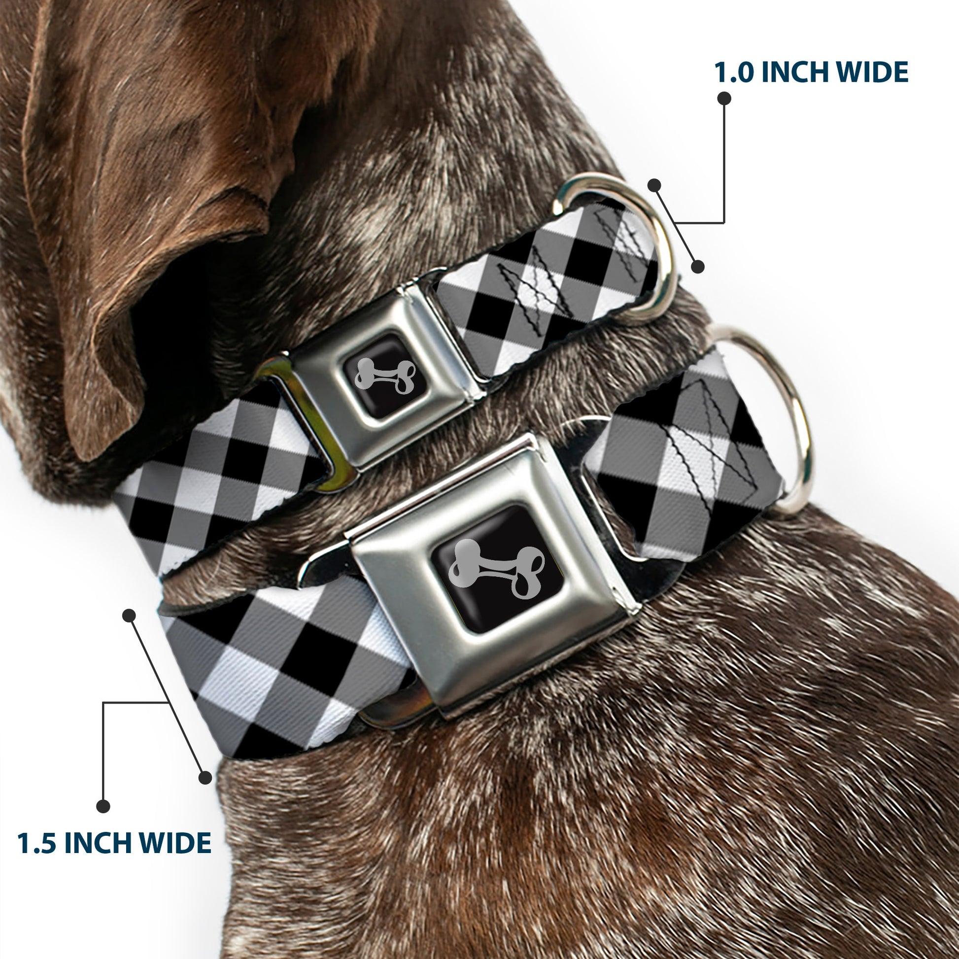 Dog Bone Seatbelt Buckle Collar - Diagonal Buffalo Plaid Black/White Seatbelt Buckle Collars Buckle-Down