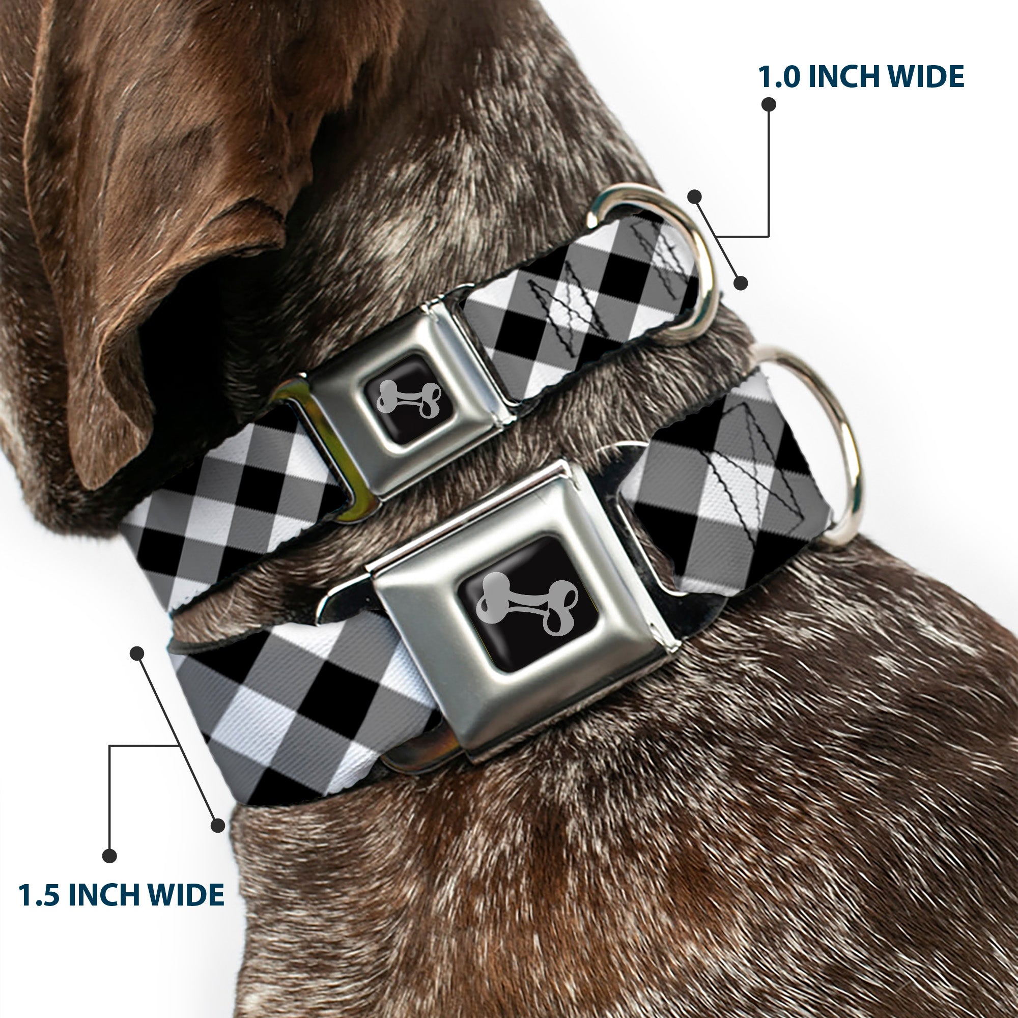Dog Bone Seatbelt Buckle Collar - Diagonal Buffalo Plaid Black/White Seatbelt Buckle Collars Buckle-Down