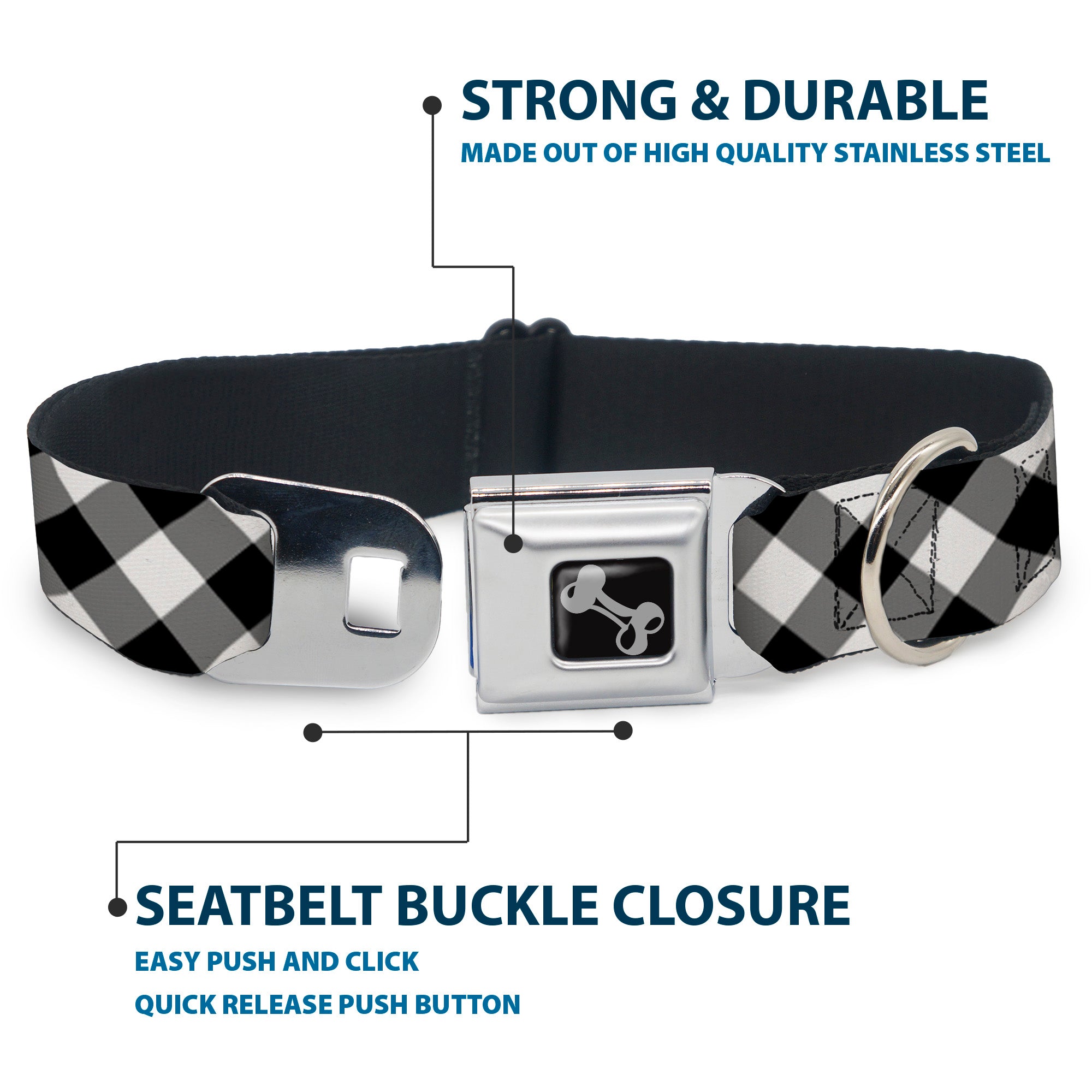 Dog Bone Seatbelt Buckle Collar - Diagonal Buffalo Plaid Black/White Seatbelt Buckle Collars Buckle-Down