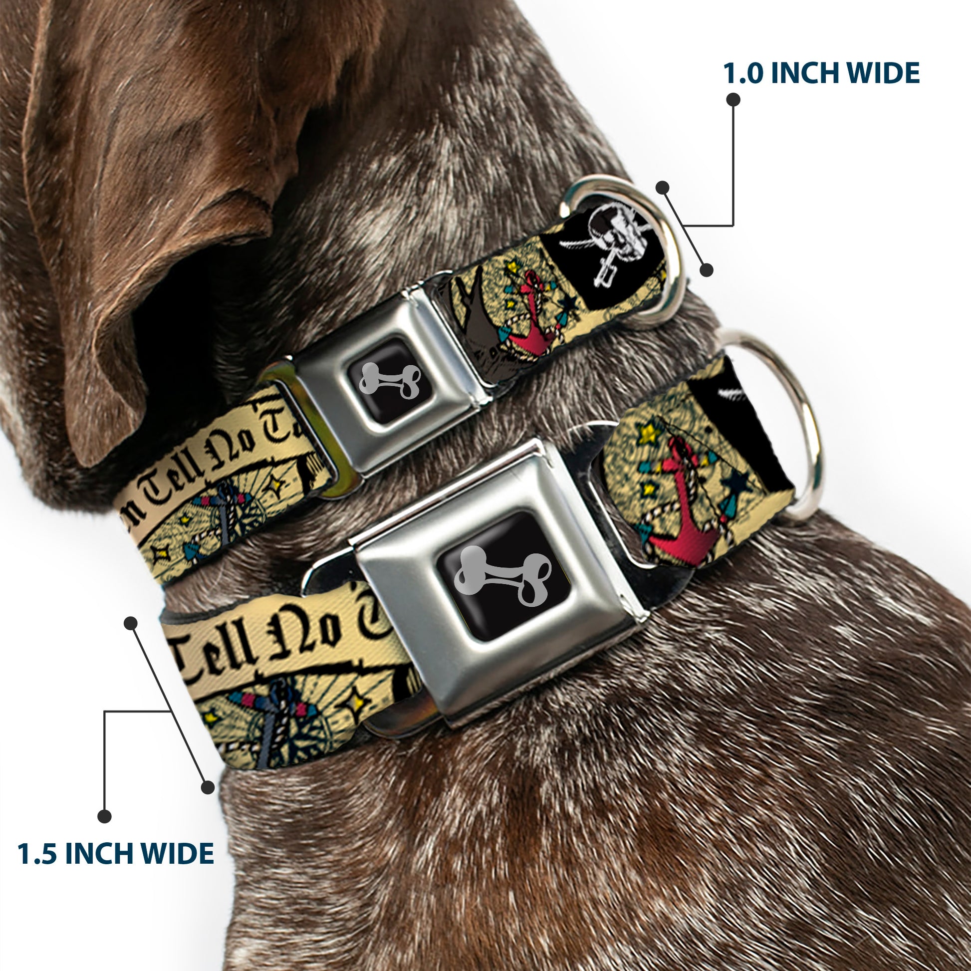 Dog Bone Seatbelt Buckle Collar - Dead Men Tell No Tales CLOSE-UP Tan Seatbelt Buckle Collars Buckle-Down