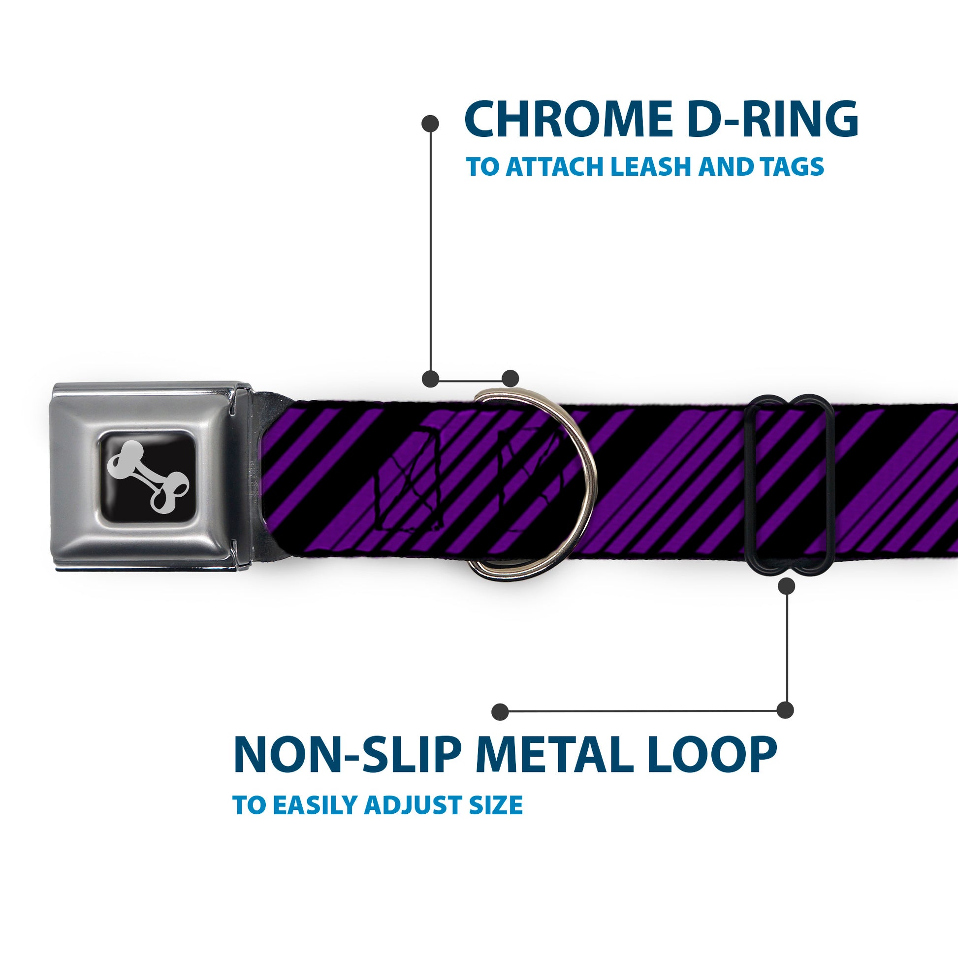 Dog Bone Seatbelt Buckle Collar - Diagonal Stripes Black/Purple Seatbelt Buckle Collars Buckle-Down