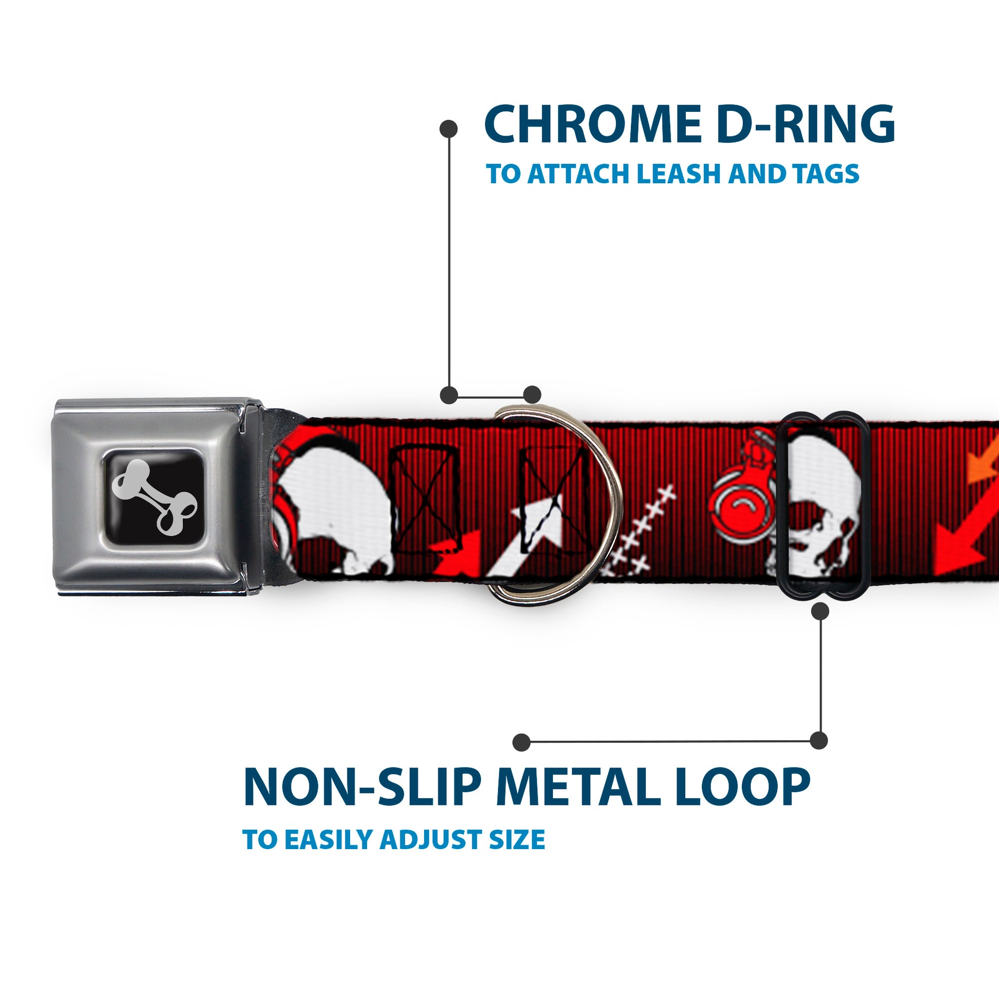 Dog Bone Seatbelt Buckle Collar - DJ Skulls Up/Down Black/Red Seatbelt Buckle Collars Buckle-Down