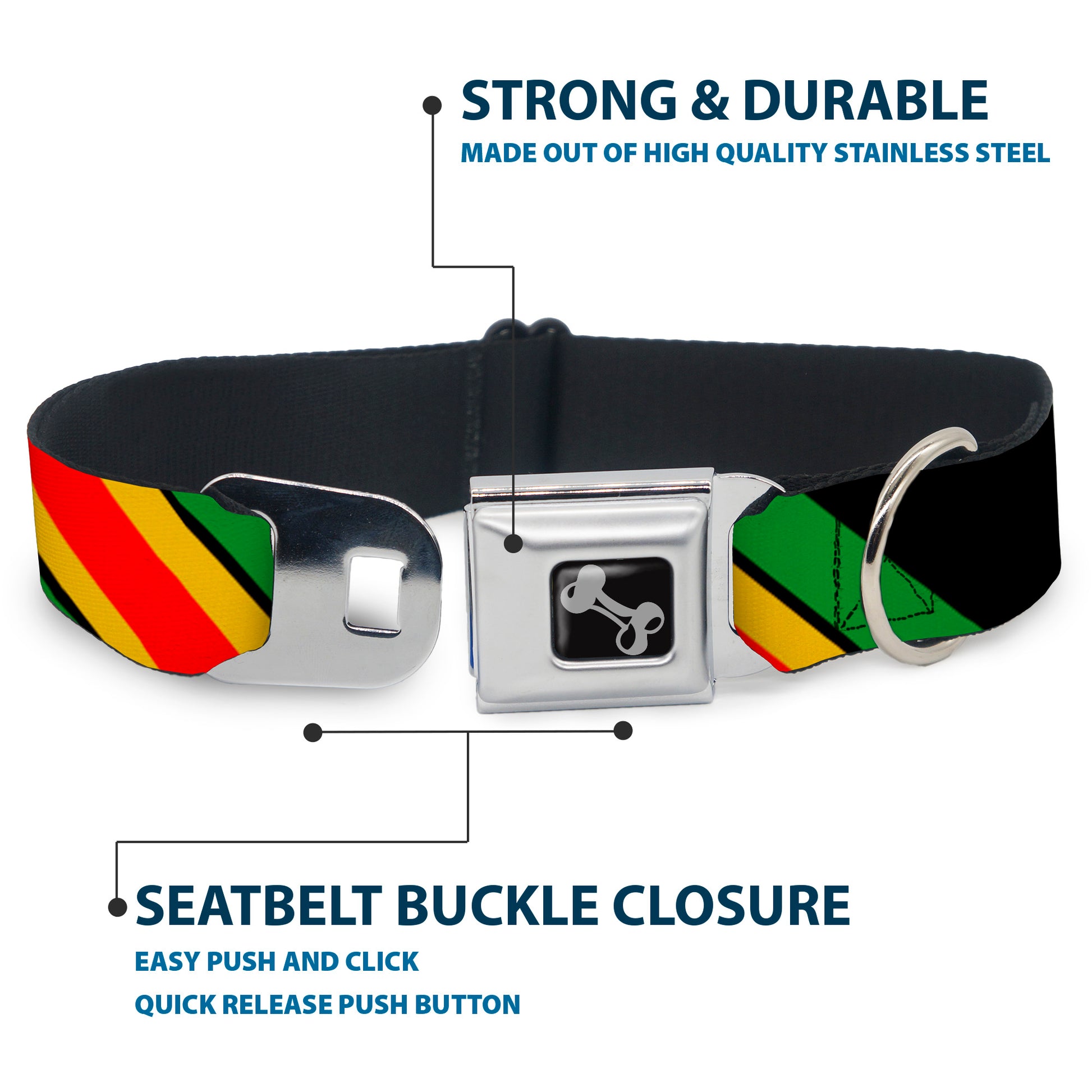 Dog Bone Seatbelt Buckle Collar - Diagonal Stripes Black/Green/Yellow/Red Seatbelt Buckle Collars Buckle-Down